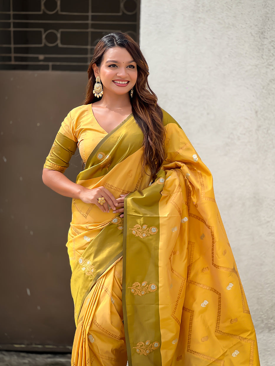 Yellow Soft Silk Dusty Concept Zig Zag Zari Woven Saree Soft Silk Saree Anant Tex Exports Pvt.Ltd..