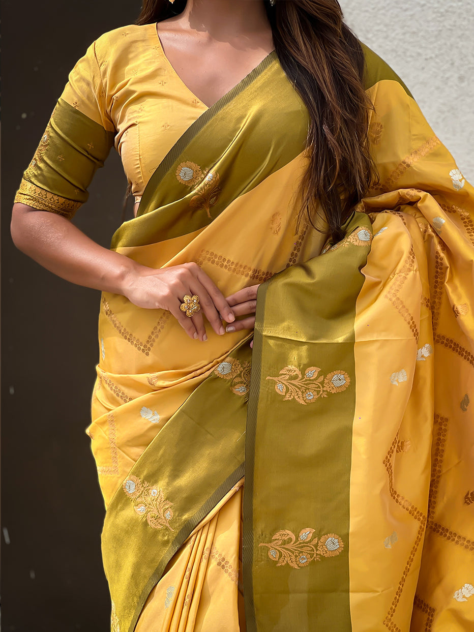 Yellow Soft Silk Dusty Concept Zig Zag Zari Woven Saree Soft Silk Saree Anant Tex Exports Pvt.Ltd..
