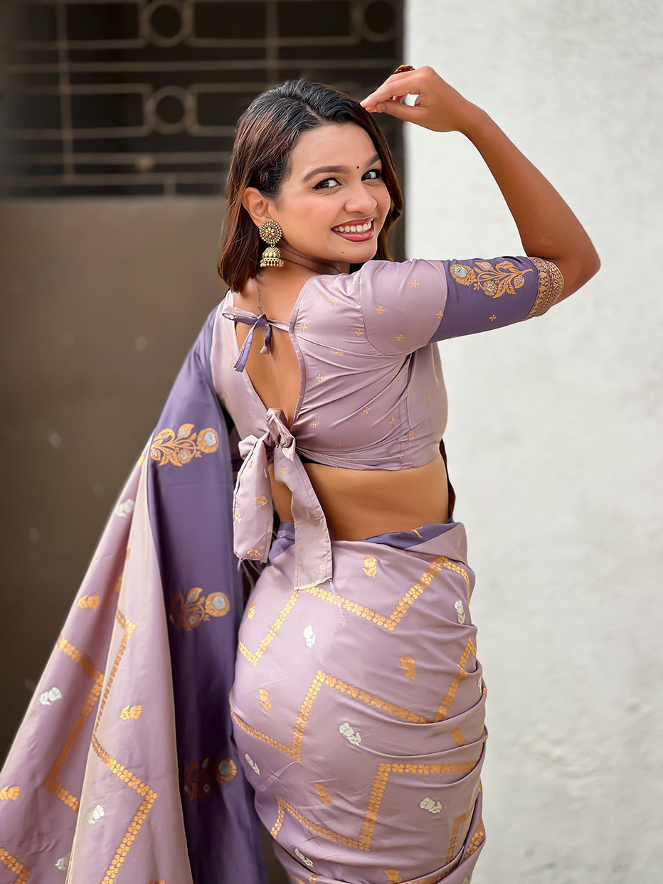 Lavender Soft Silk Dusty Concept Zig Zag Zari Woven Saree Soft Silk Saree Anant Tex Exports Pvt.Ltd..