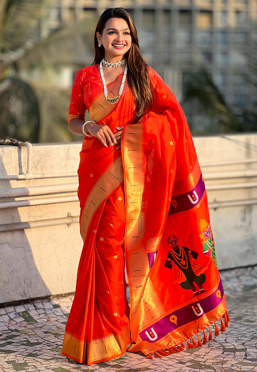 Orange Blue Zari Woven Vitthala God Special Paithani Silk Saree Banarasi Silk Saree Anant Tex Exports Pvt.Ltd..