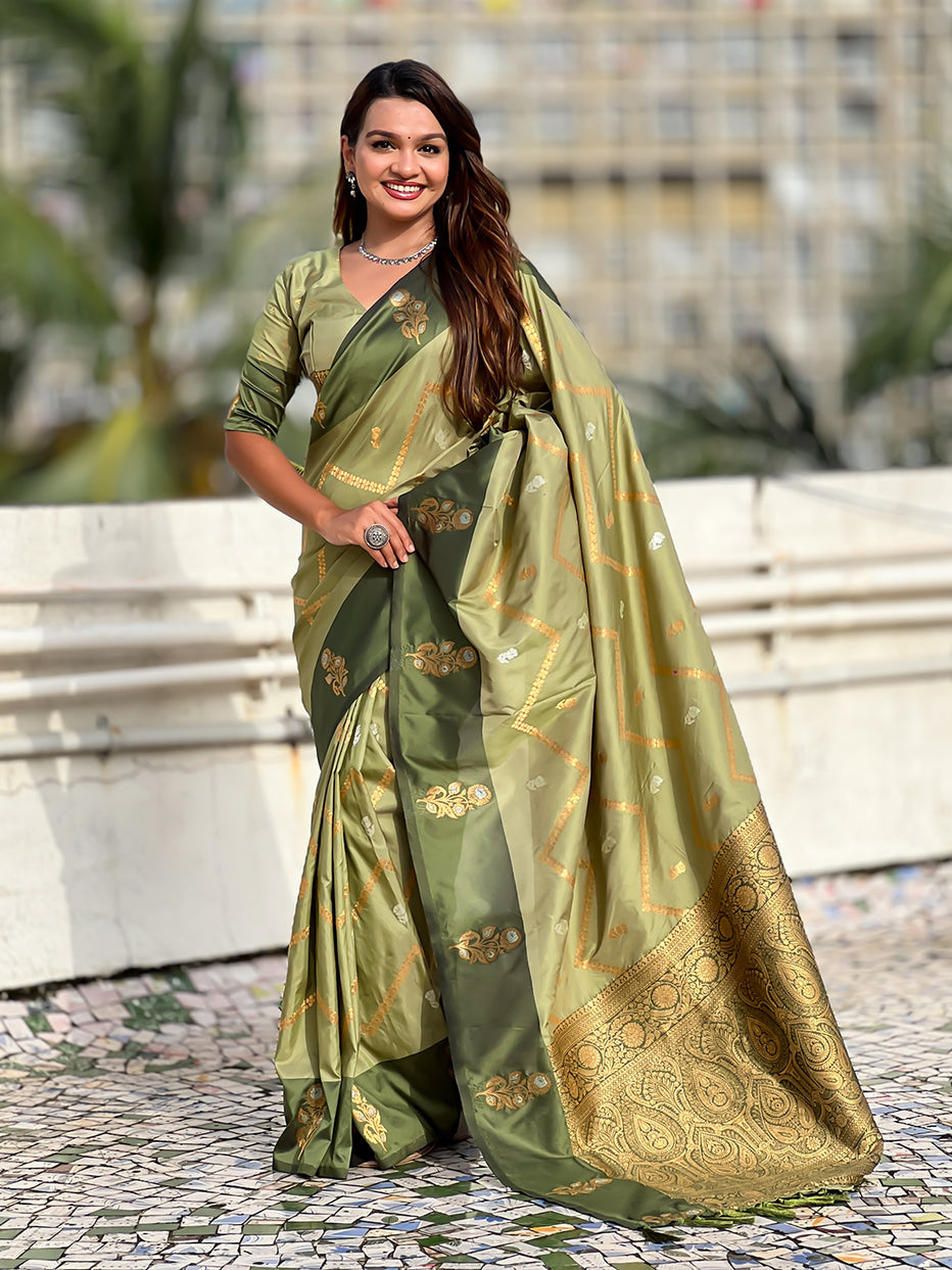 Pista Green Soft Silk Dusty Concept Zig Zag Zari Woven Saree Soft Silk Saree Anant Tex Exports Pvt.Ltd..