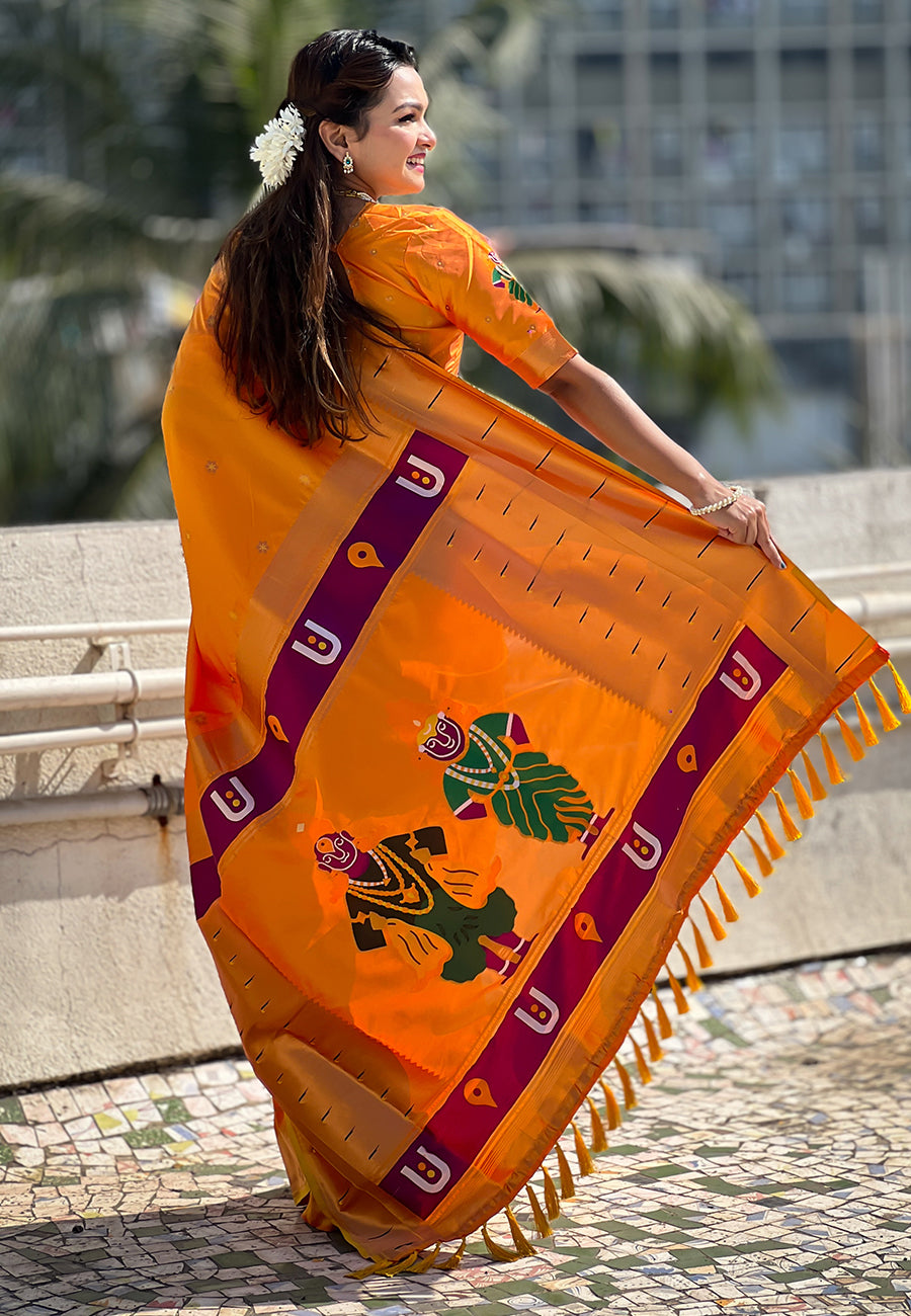 Yellow Zari Woven Vitthala God Special Paithani Silk Saree Banarasi Silk Saree Anant Tex Exports Pvt.Ltd..