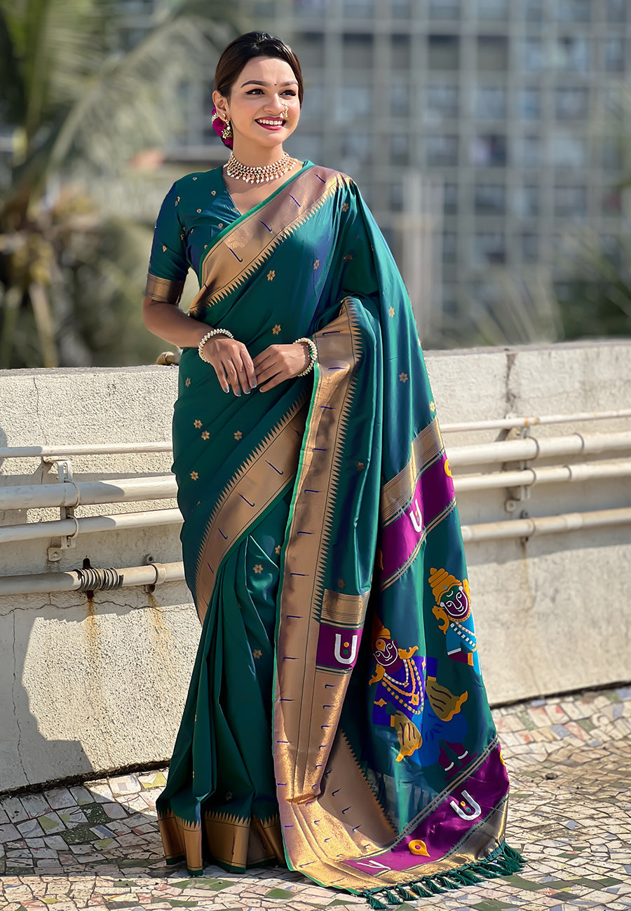 Green Zari Woven Vitthala God Special Paithani Silk Saree Banarasi Silk Saree Anant Tex Exports Pvt.Ltd..