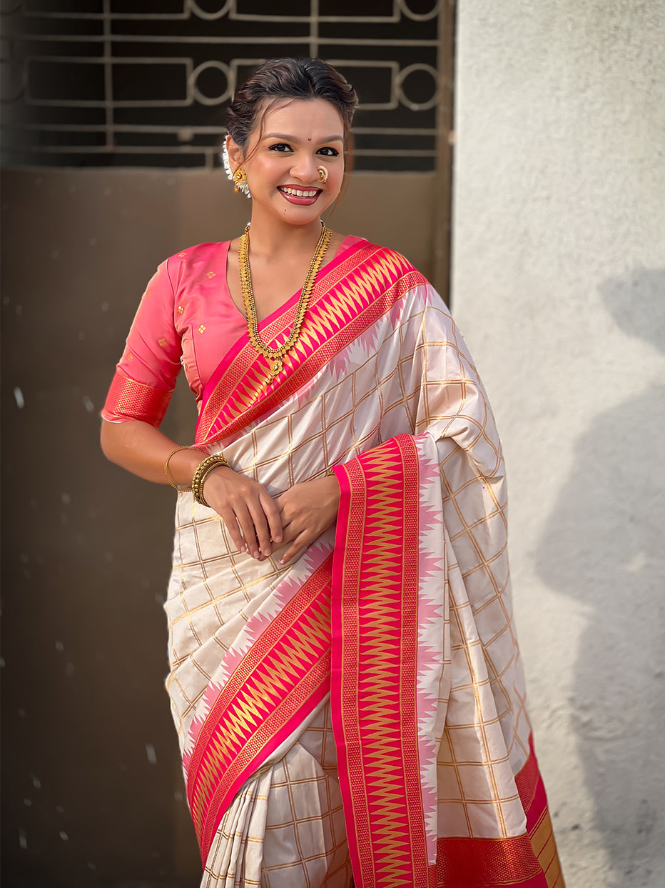 Cream Soft Silk Checks Traditional Zari Contrast Soft Silk Saree Paithani Saree Anant Tex Exports Pvt.Ltd..