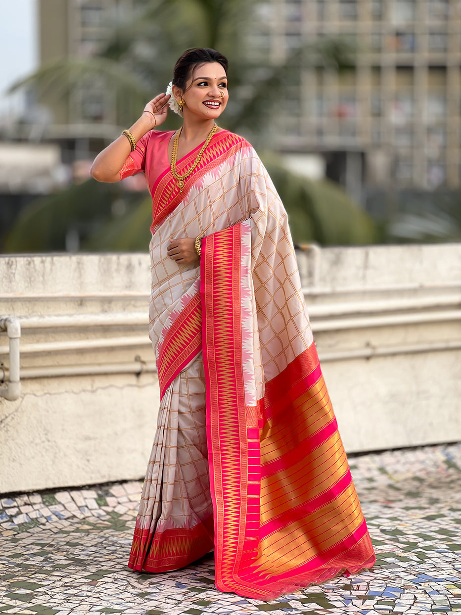 Cream Soft Silk Checks Traditional Zari Contrast Soft Silk Saree Paithani Saree Anant Tex Exports Pvt.Ltd..