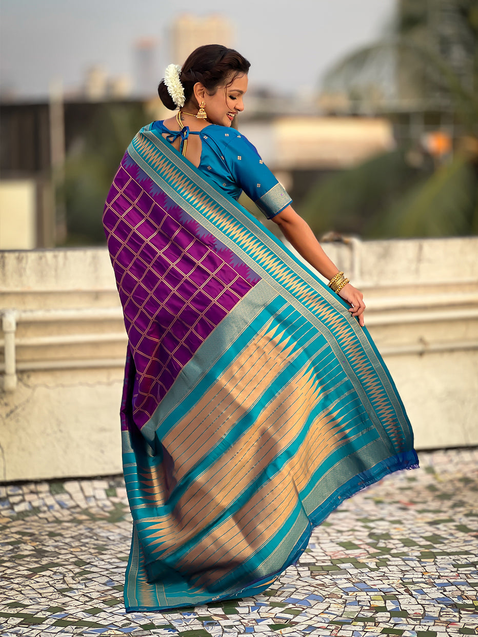 Purple Soft Silk Checks Traditional Zari Contrast Soft Silk Saree Paithani Saree Anant Tex Exports Pvt.Ltd..