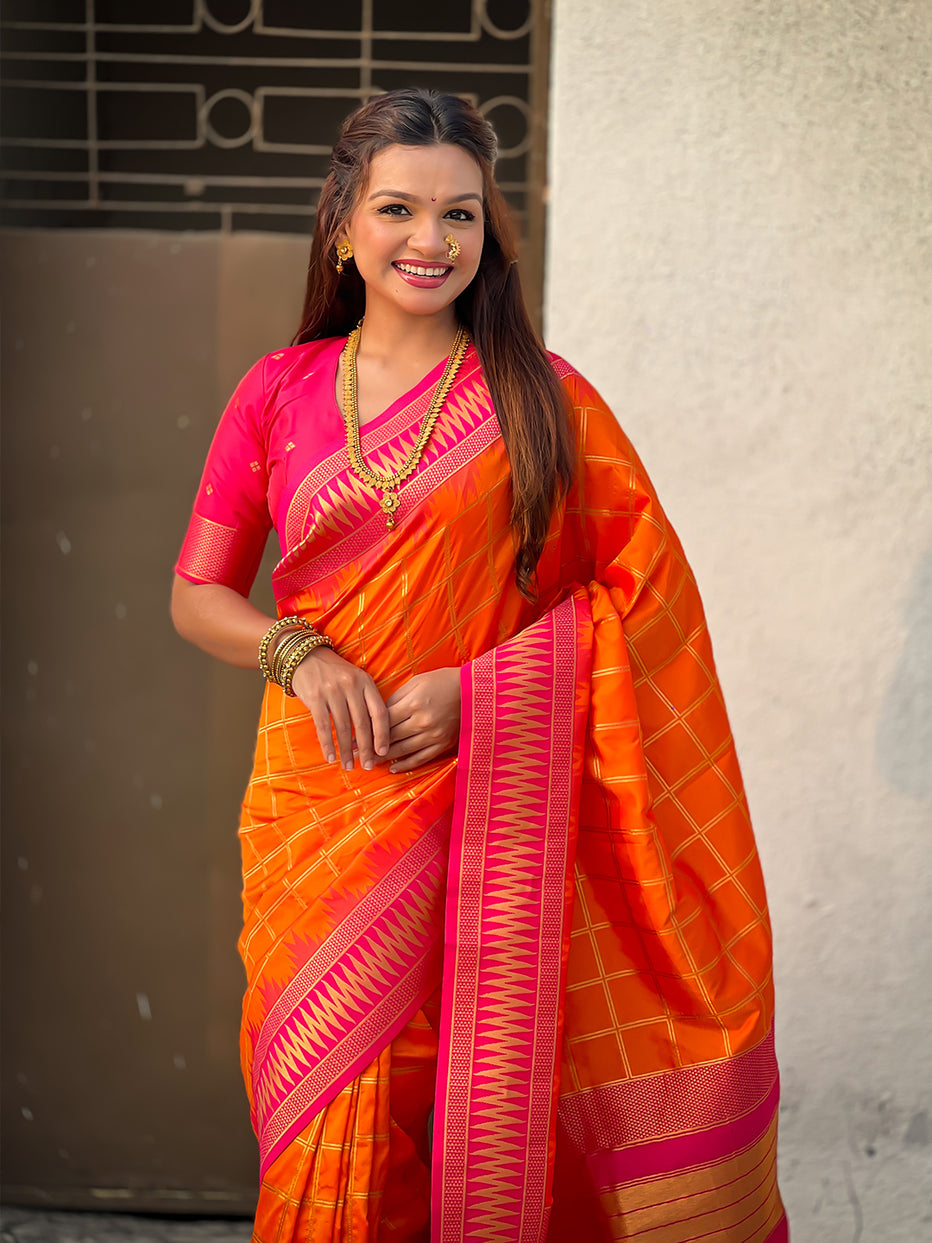 Orange Soft Silk Checks Traditional Zari Contrast Soft Silk Saree Paithani Saree Anant Tex Exports Pvt.Ltd..