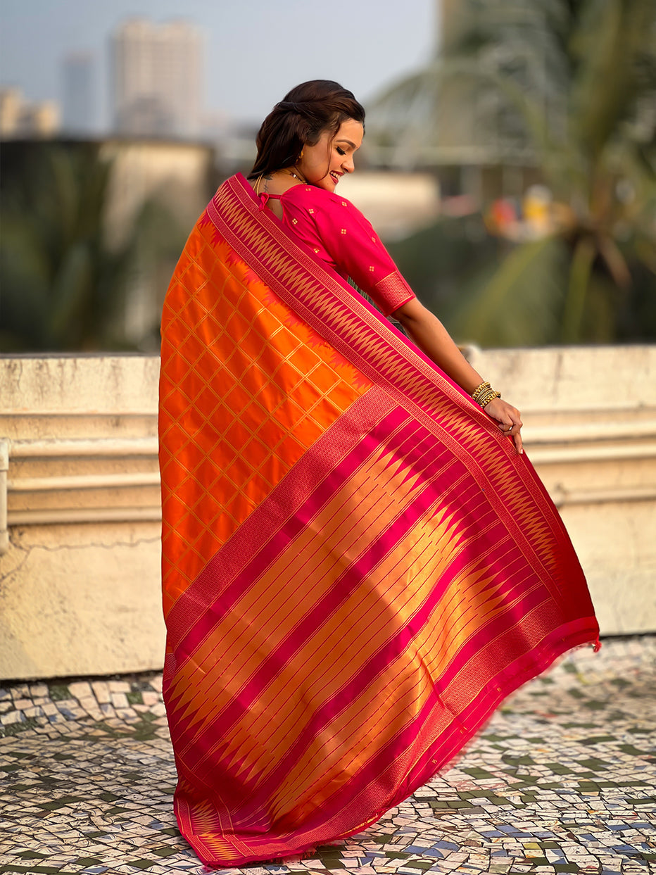 Orange Soft Silk Checks Traditional Zari Contrast Soft Silk Saree Paithani Saree Anant Tex Exports Pvt.Ltd..