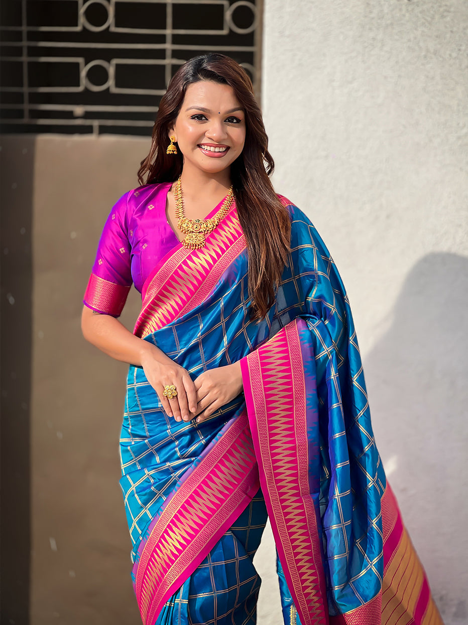 Blue Soft Silk Checks Traditional Zari Contrast Soft Silk Saree Paithani Saree Anant Tex Exports Pvt.Ltd..