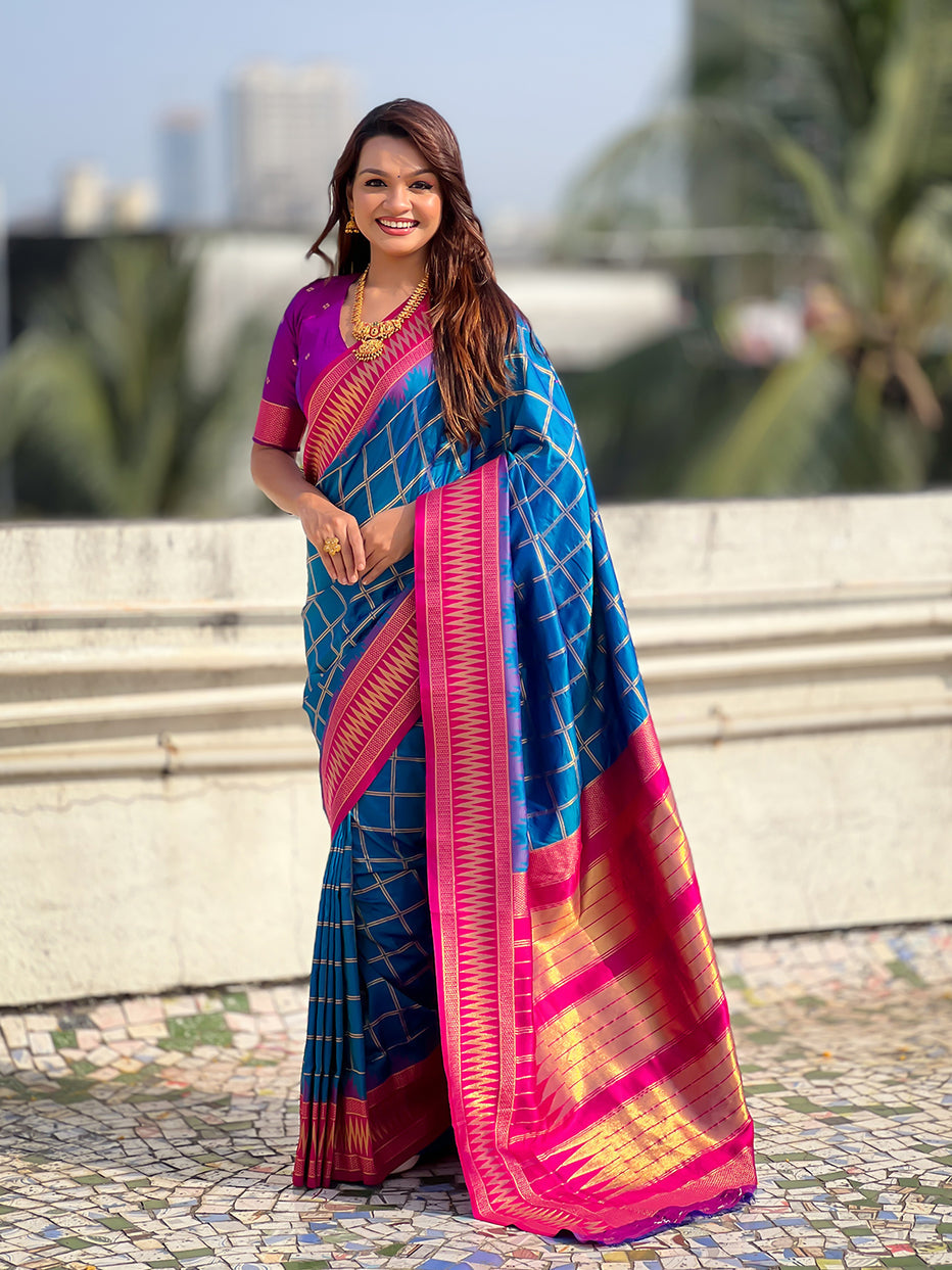 Blue Soft Silk Checks Traditional Zari Contrast Soft Silk Saree Paithani Saree Anant Tex Exports Pvt.Ltd..