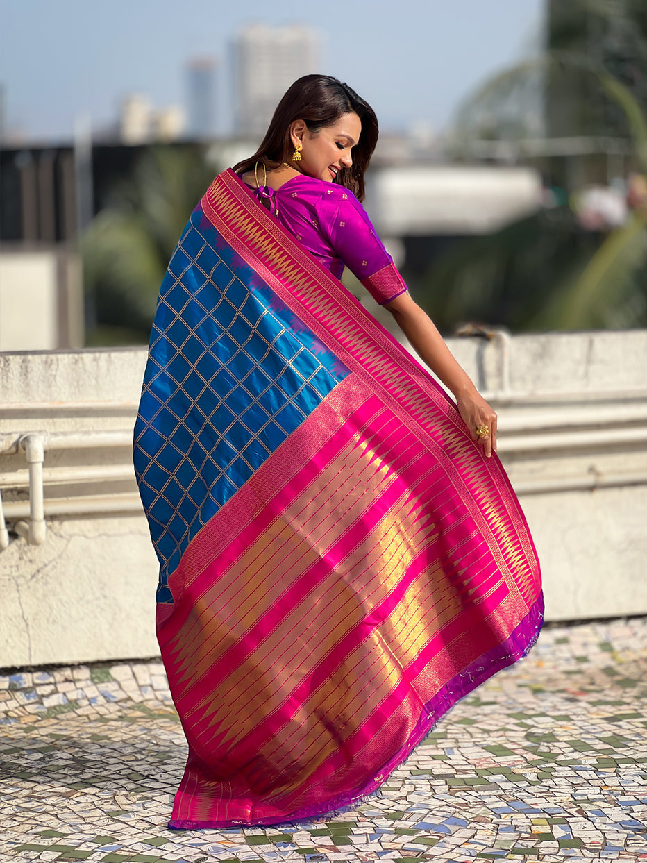 Blue Soft Silk Checks Traditional Zari Contrast Soft Silk Saree Paithani Saree Anant Tex Exports Pvt.Ltd..