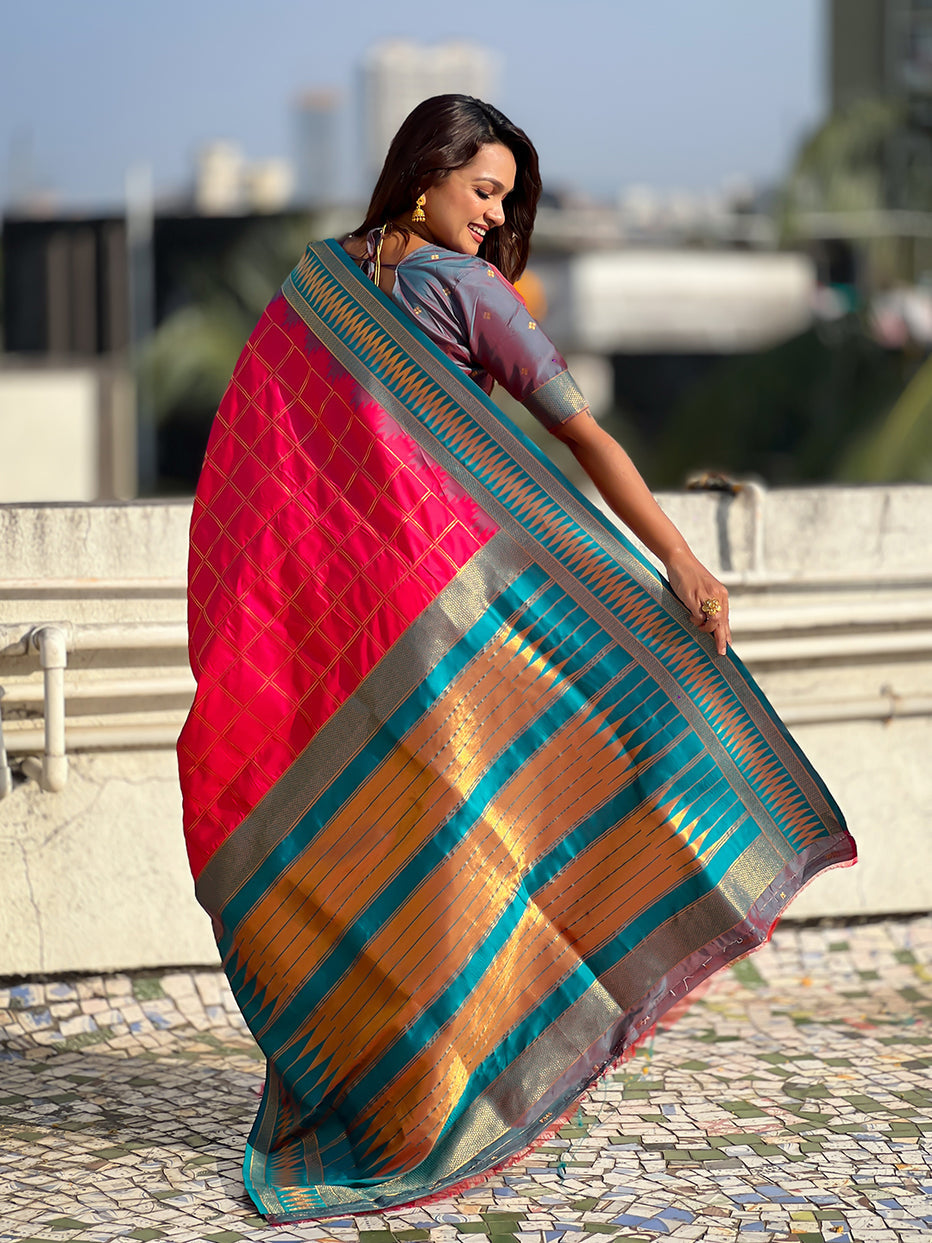 Pink Soft Silk Checks Traditional Zari Contrast Soft Silk Saree Paithani Saree Anant Tex Exports Pvt.Ltd..