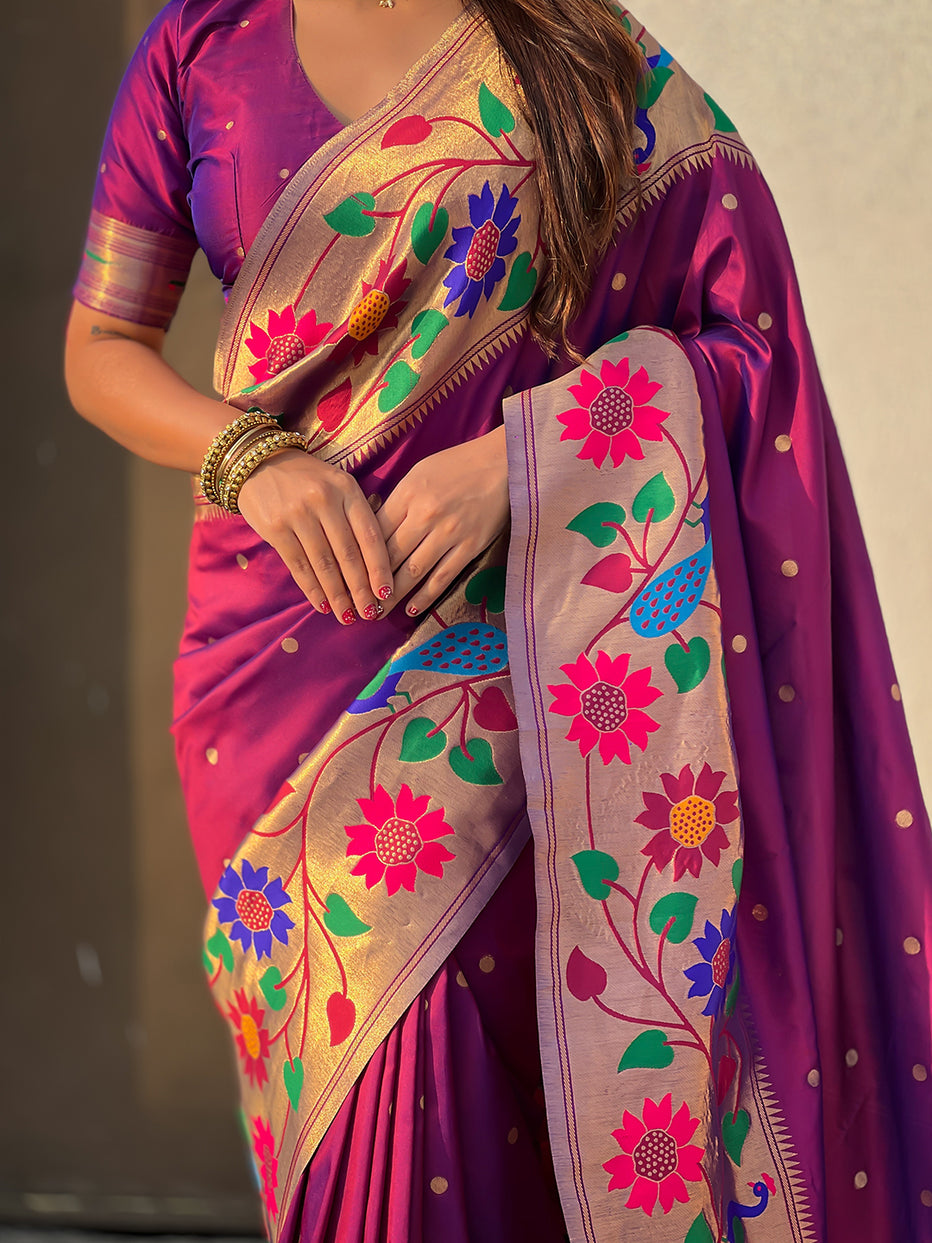 Wine Pure Paithani Silk Zari Woven Big Border Paithani Saree