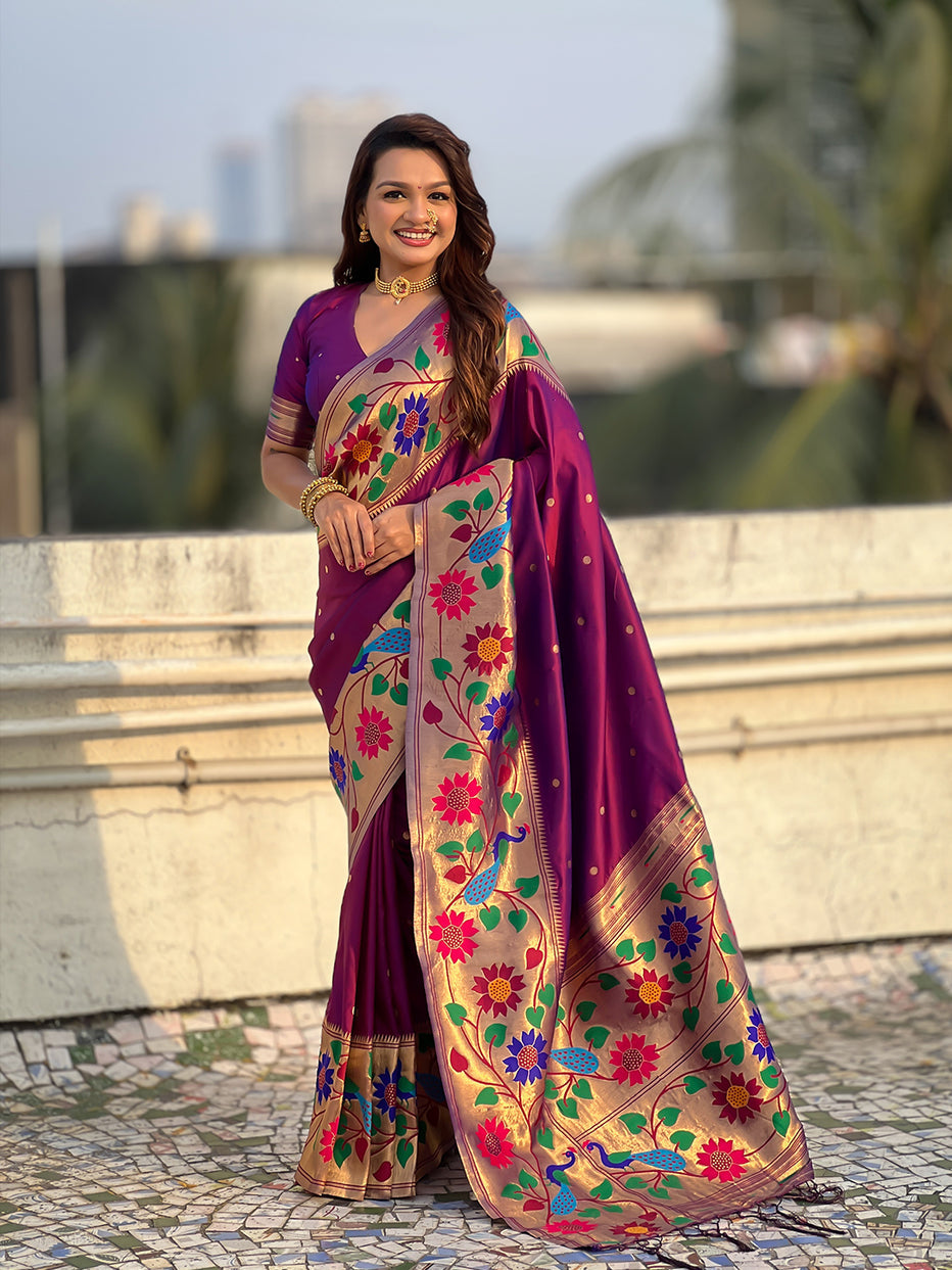Wine Pure Paithani Silk Zari Woven Big Border Paithani Saree