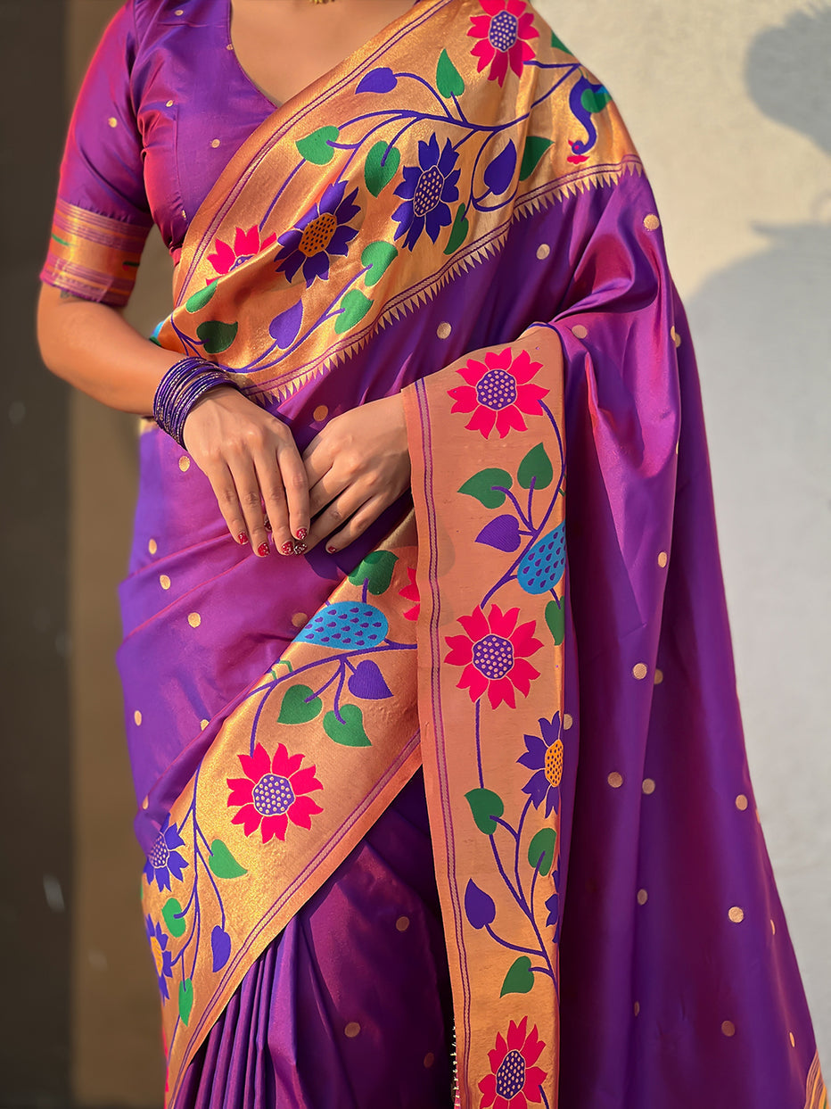 Purple Pure Paithani Silk Zari Woven Big Border Paithani Saree