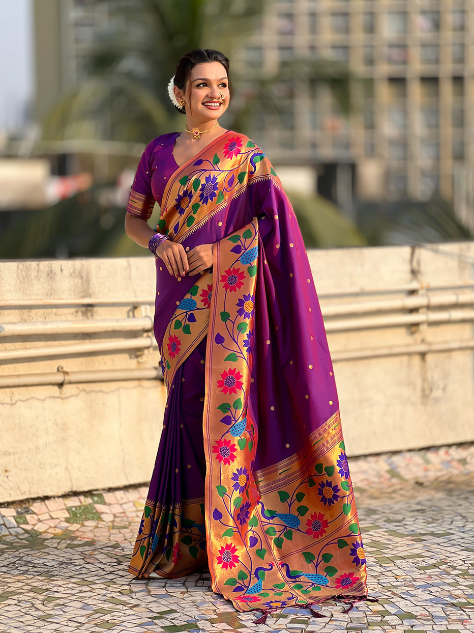 Purple Pure Paithani Silk Zari Woven Big Border Paithani Saree