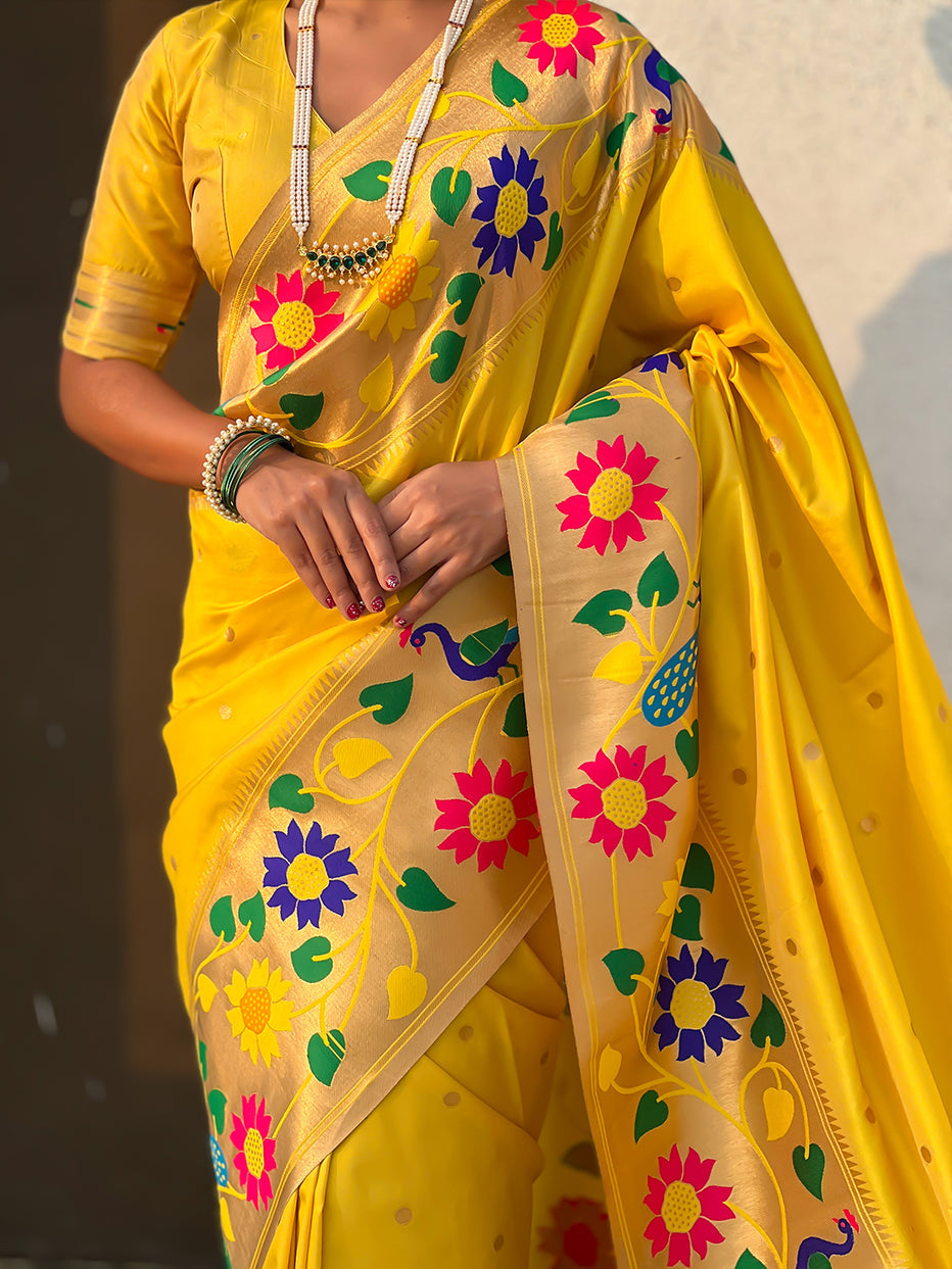 Yellow Pure Paithani Silk Zari Woven Big Border Paithani Saree