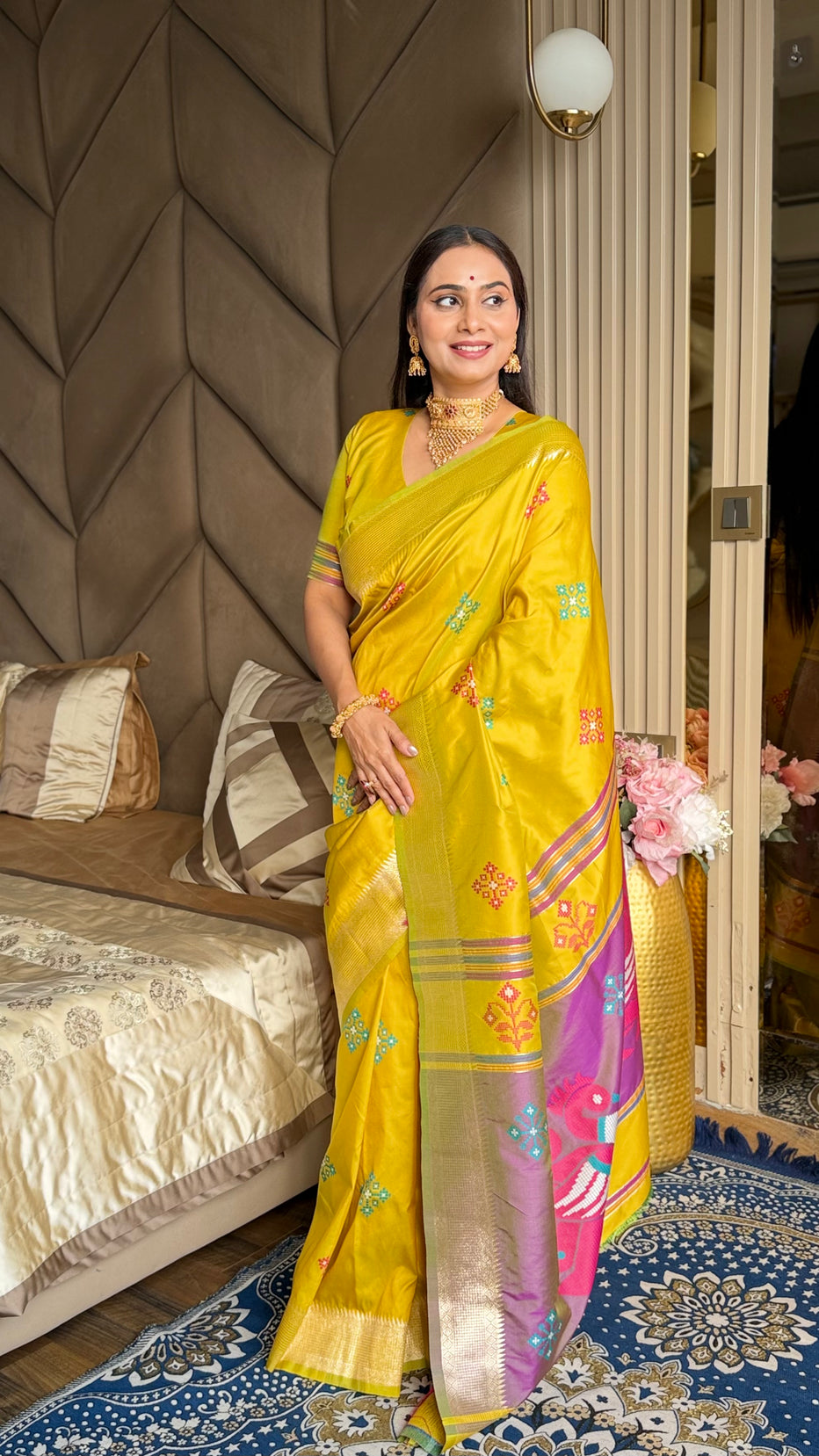 Yellow Pink Soft Silk Ikkat Zari Patola Soft Silk Saree