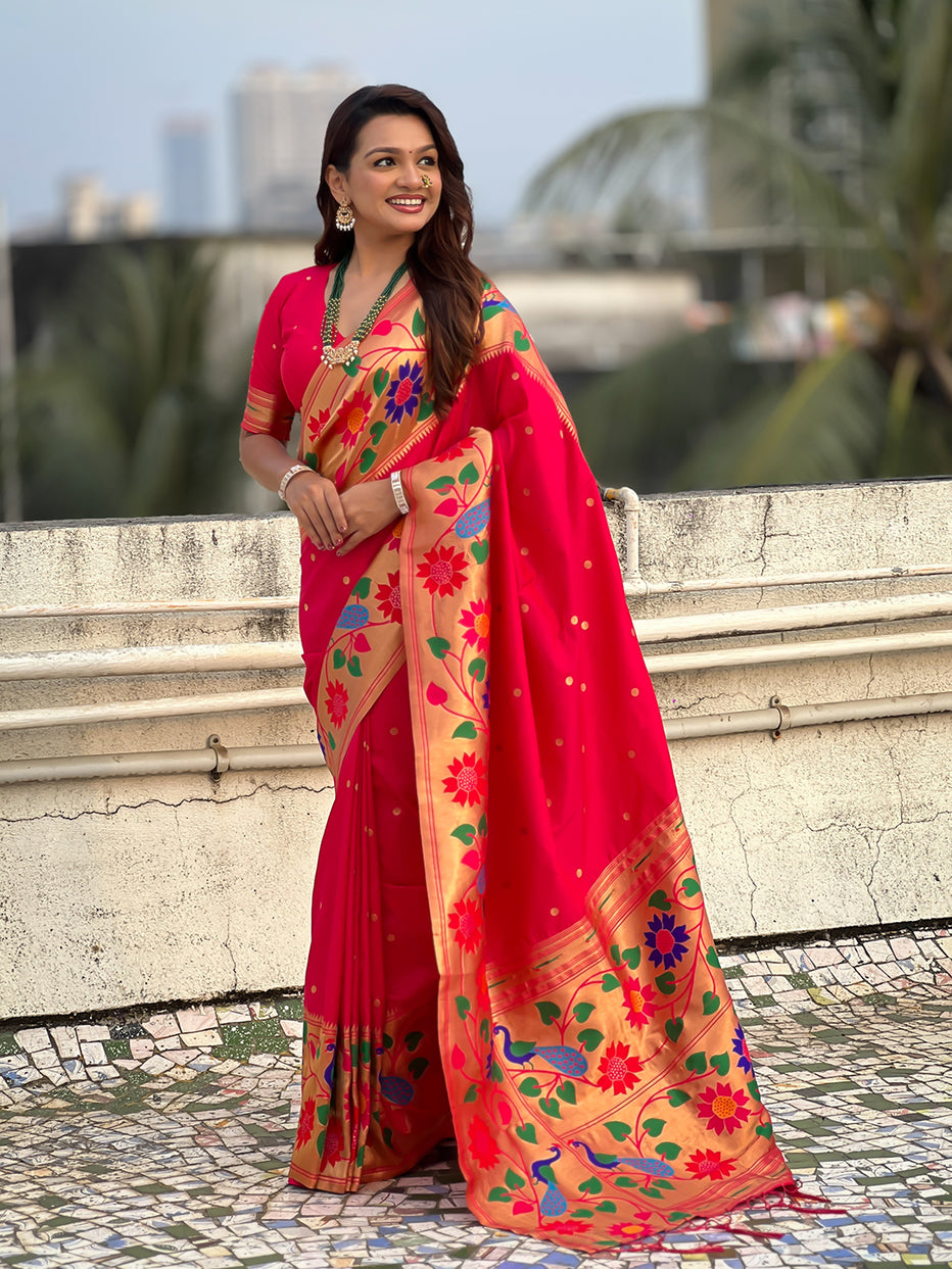 Pink Pure Paithani Silk Zari Woven Big Border Paithani Saree