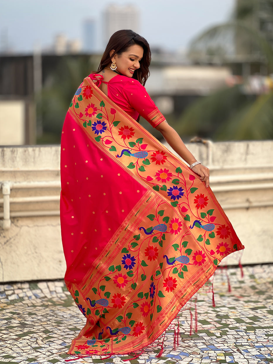 Pink Pure Paithani Silk Zari Woven Big Border Paithani Saree