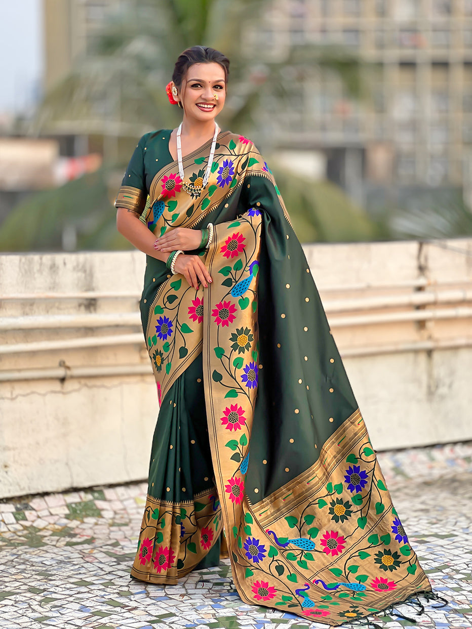 Bottle Green Pure Paithani Silk Zari Woven Big Border Paithani Saree