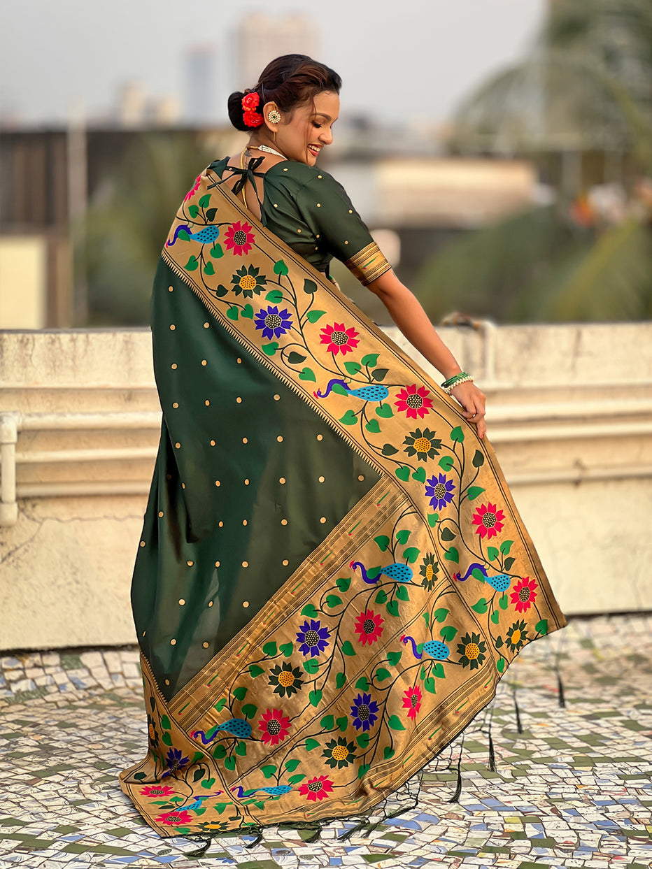 Bottle Green Pure Paithani Silk Zari Woven Big Border Paithani Saree