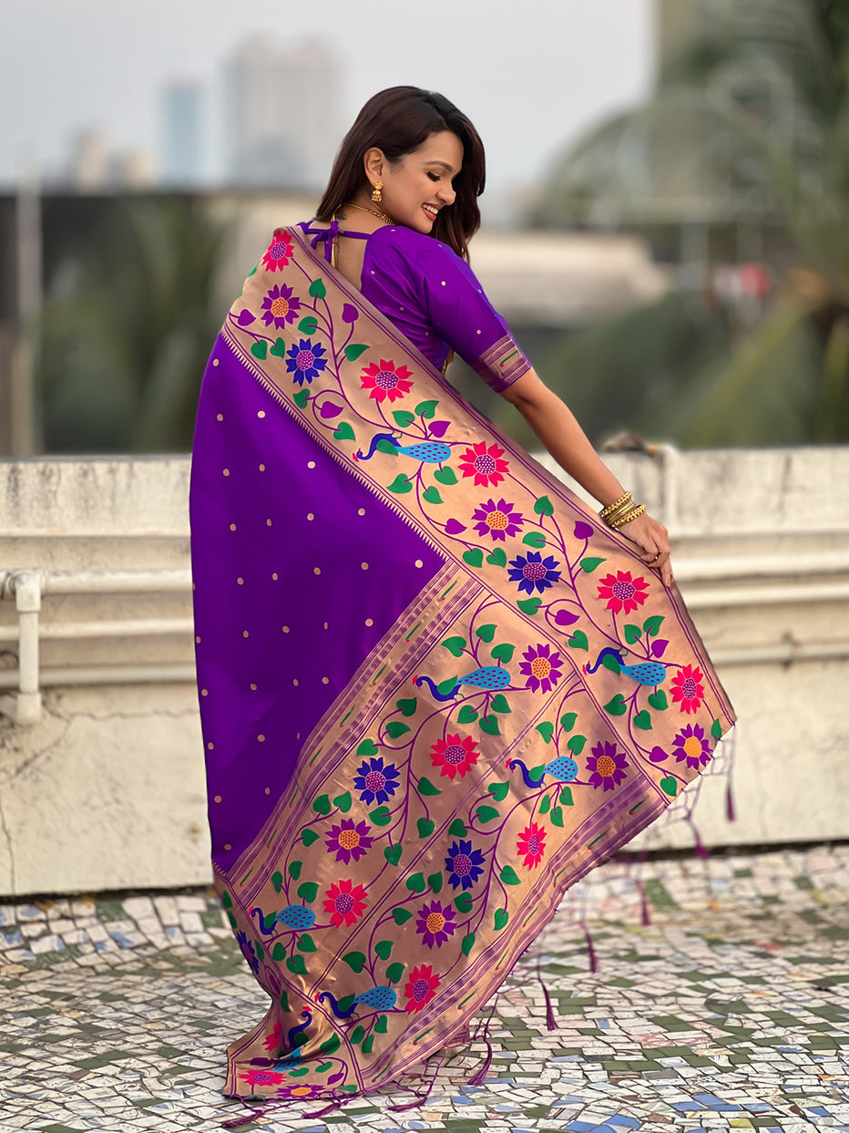 Purple Pure Paithani Silk Zari Woven Big Border Paithani Saree