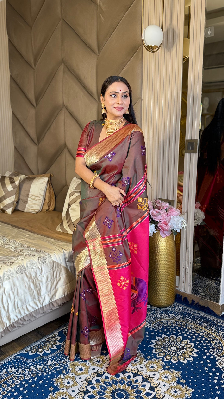 Coffee Pink Soft Silk Ikkat Zari Patola Soft Silk Saree