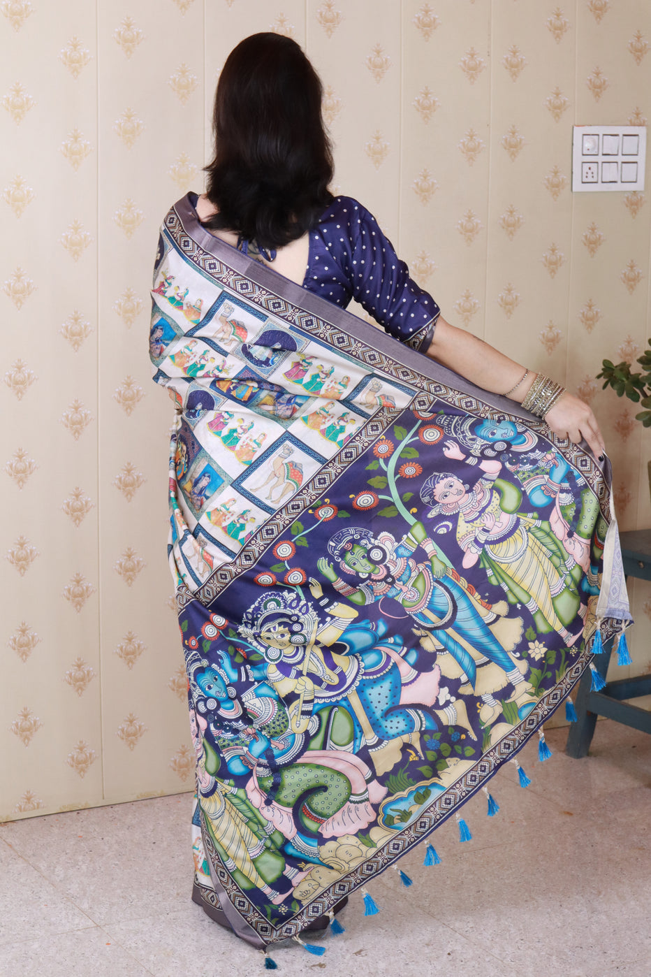 Blue Pure Tussar Silk Bold Kalamkari Figure Printed Tussar Saree Tussar Saree Anant Tex Exports Pvt.Ltd..