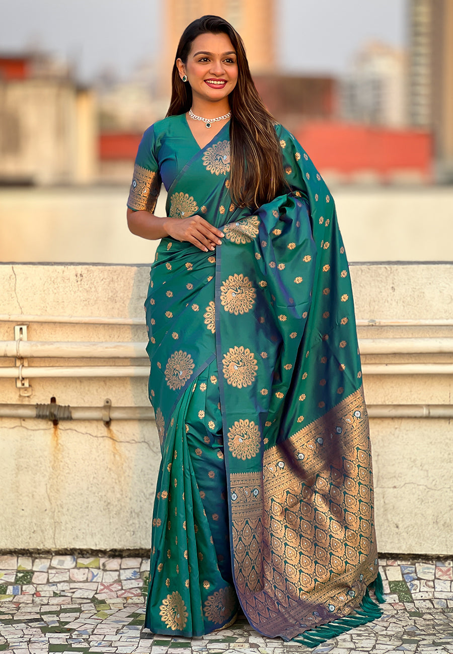 Green Pure Soft Munga Silk Handloom Weaving Saree