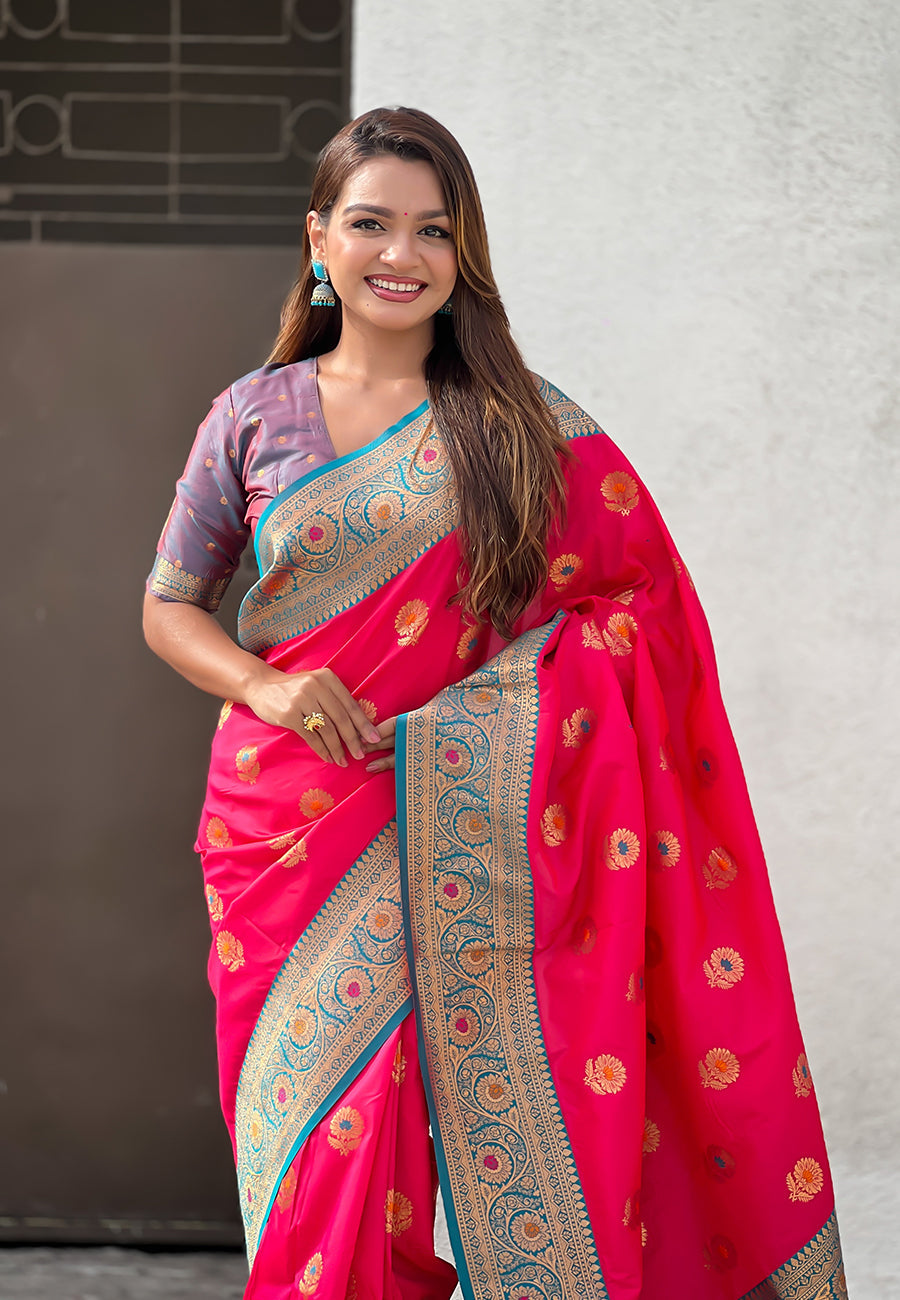 Pink Soft Silk with Sunflower Butta Meenakari Zari Saree Banarasi Saree Anant Tex Exports Pvt.Ltd..