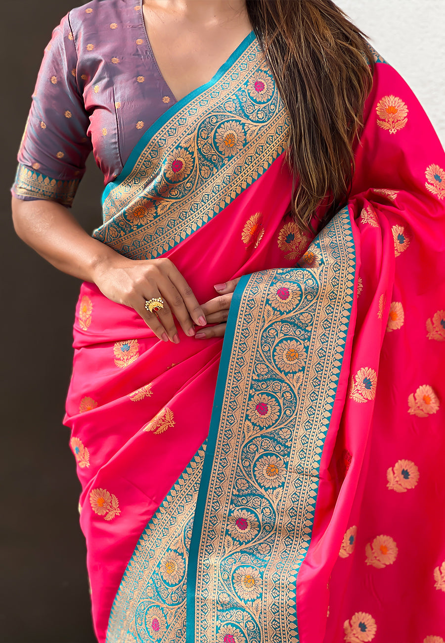Pink Soft Silk with Sunflower Butta Meenakari Zari Saree Banarasi Saree Anant Tex Exports Pvt.Ltd..