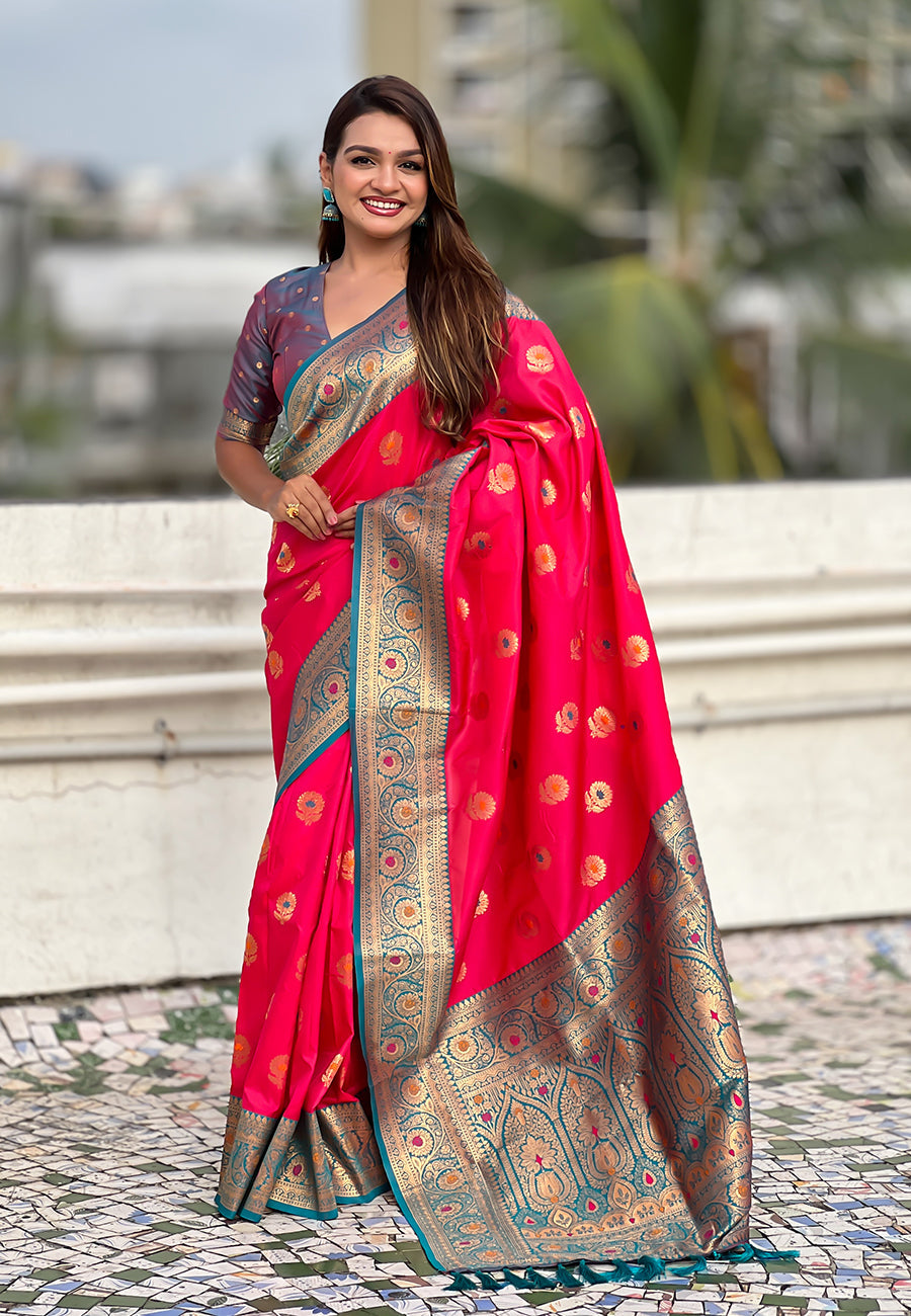 Pink Soft Silk with Sunflower Butta Meenakari Zari Saree Banarasi Saree Anant Tex Exports Pvt.Ltd..