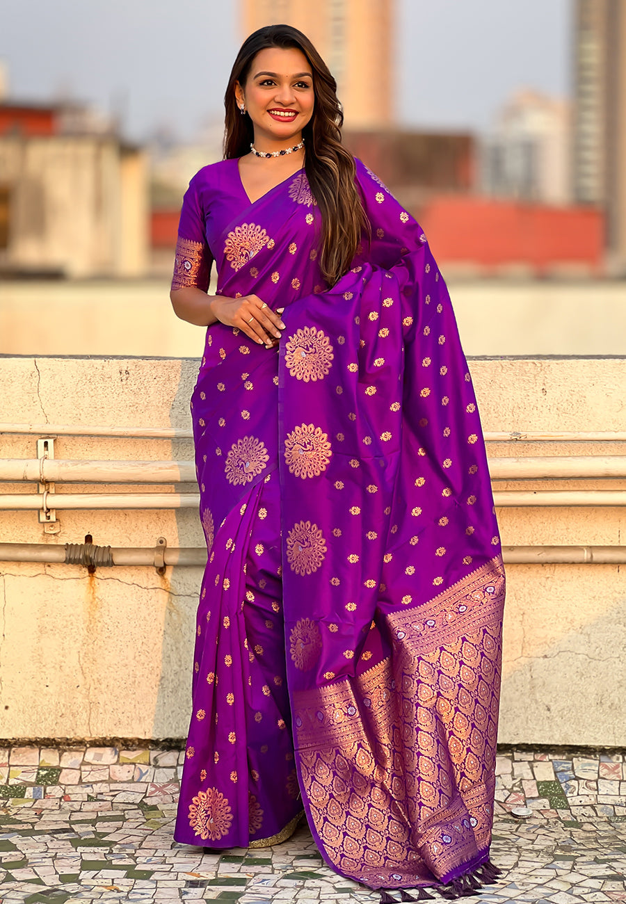 Purple Pure Soft Munga Silk Handloom Weaving Saree