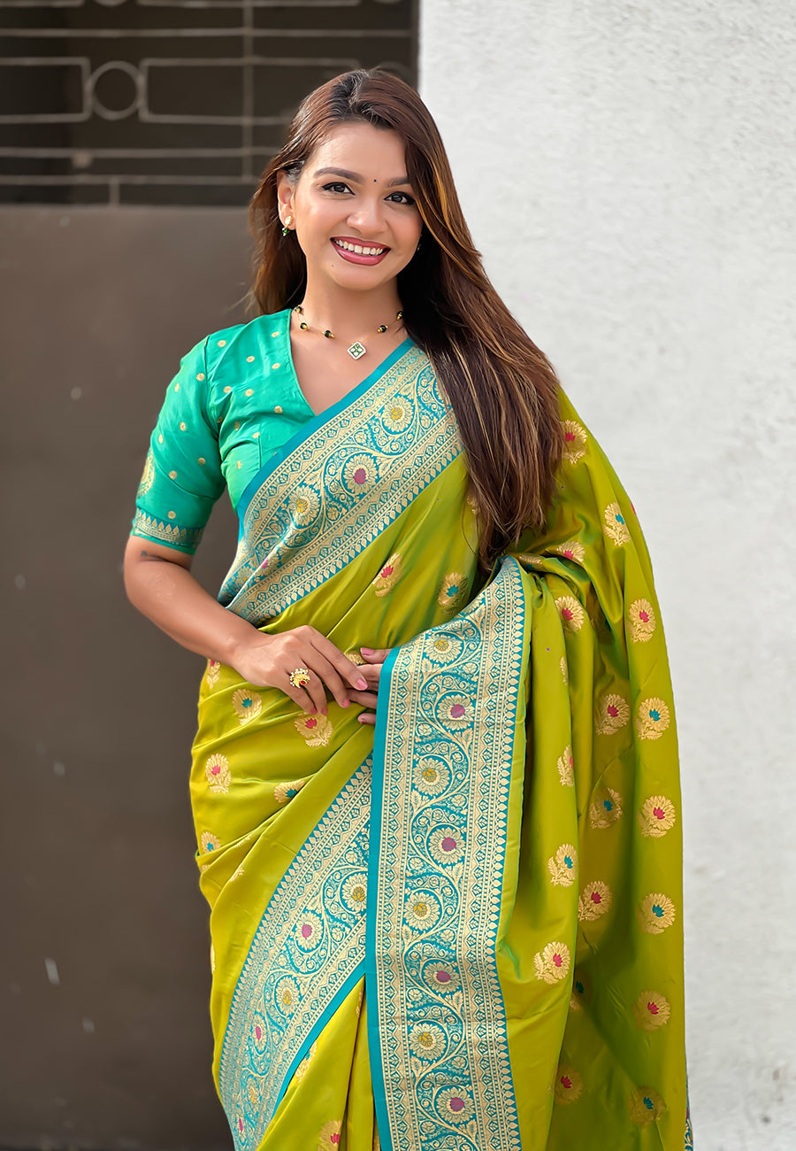 Mehendi Green Soft Silk with Sunflower Butta Meenakari Zari Saree Banarasi Saree Anant Tex Exports Pvt.Ltd..