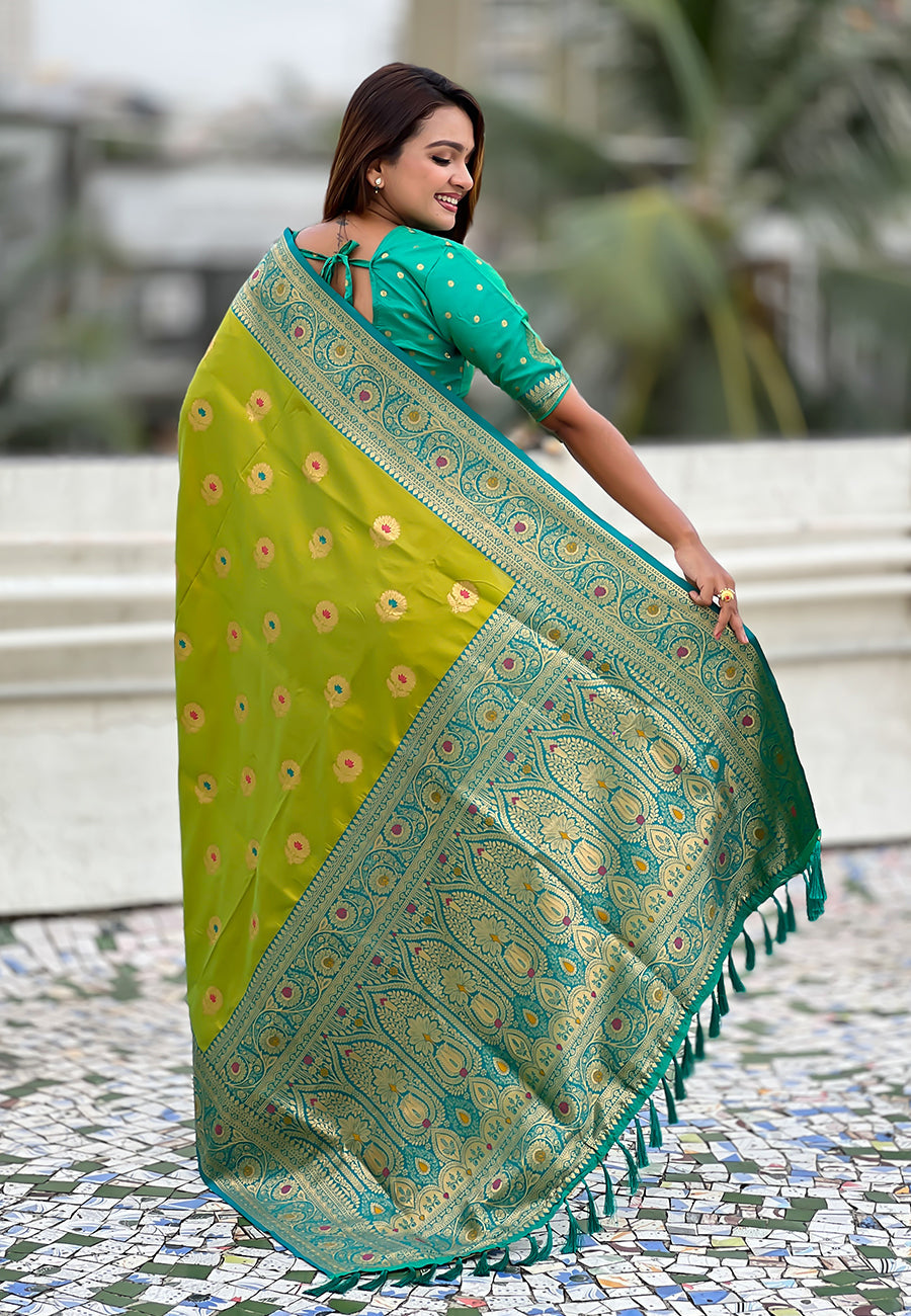 Mehendi Green Soft Silk with Sunflower Butta Meenakari Zari Saree Banarasi Saree Anant Tex Exports Pvt.Ltd..