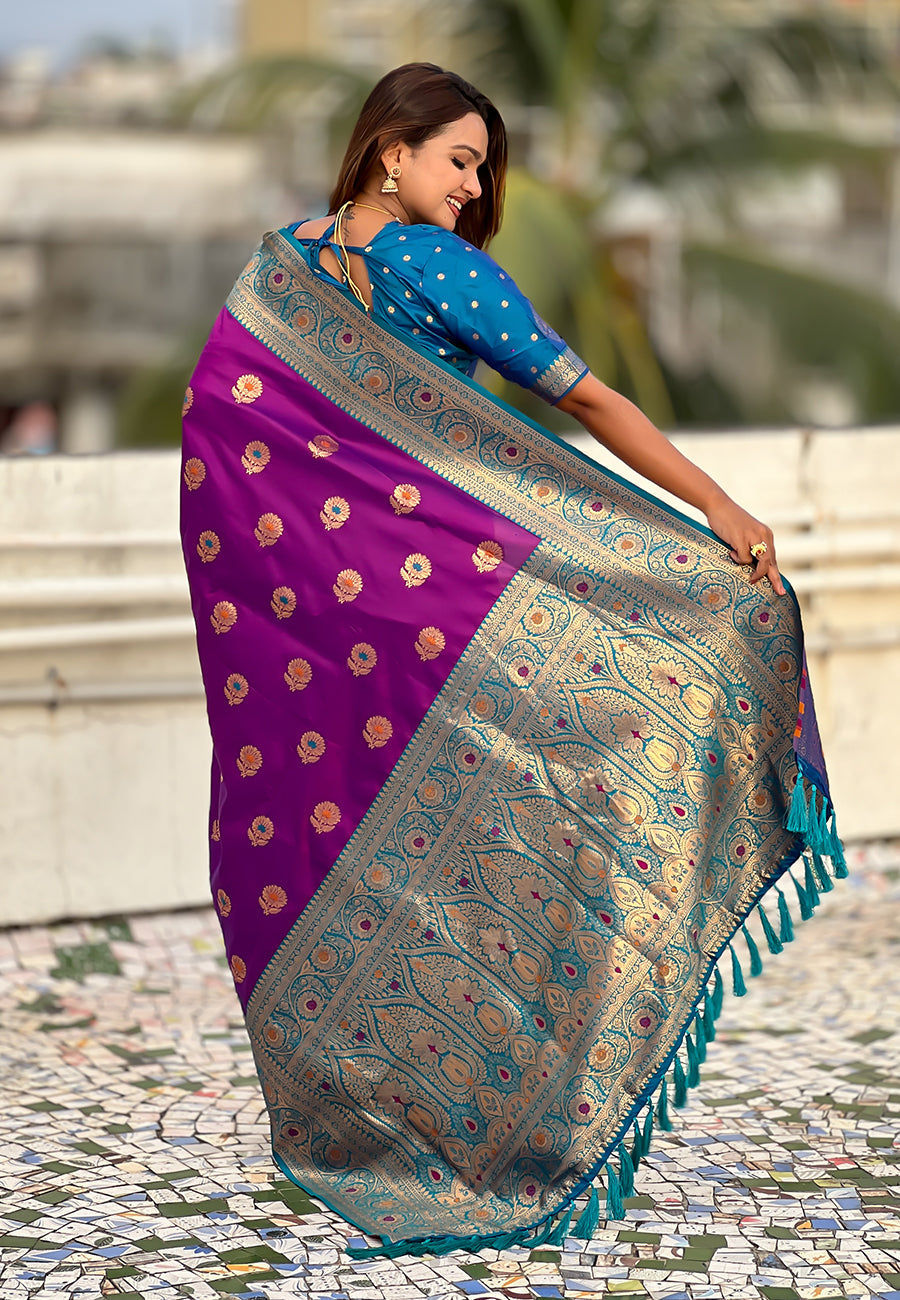 Wine Soft Silk with Sunflower Butta Meenakari Zari Saree Banarasi Saree Anant Tex Exports Pvt.Ltd..