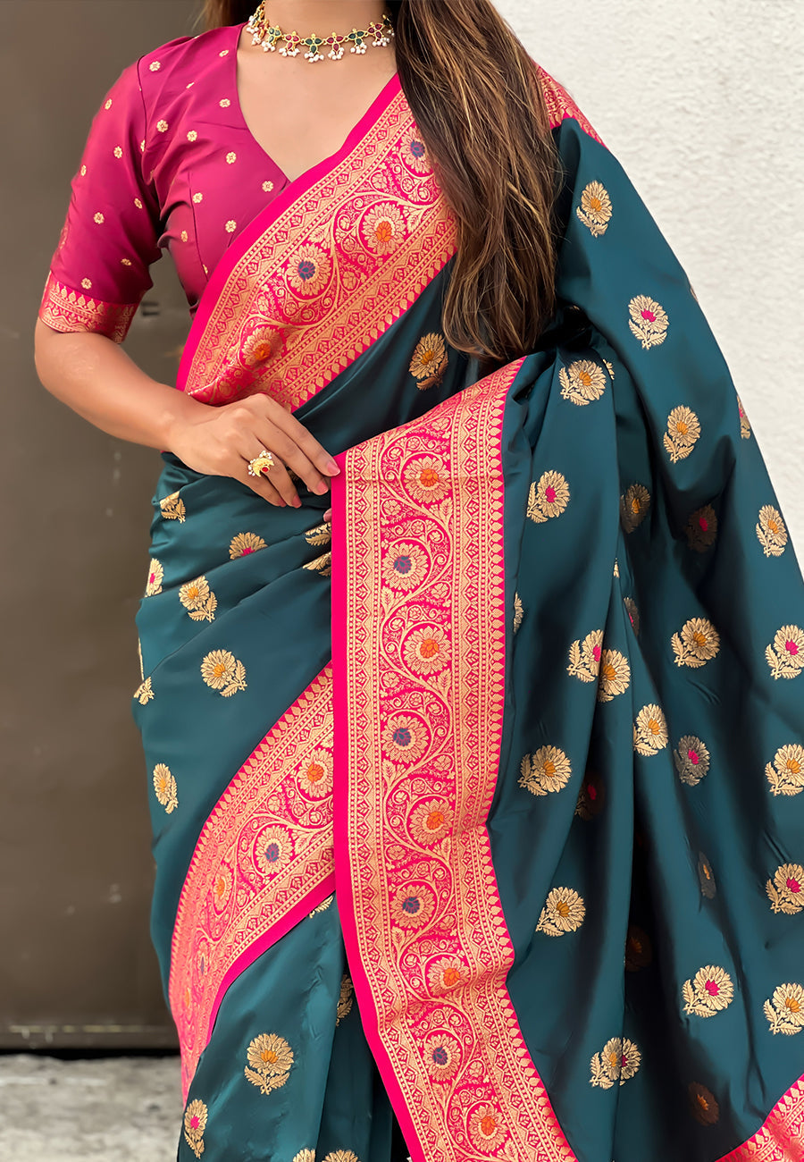 Denim Soft Silk with Sunflower Butta Meenakari Zari Saree Banarasi Saree Anant Tex Exports Pvt.Ltd..