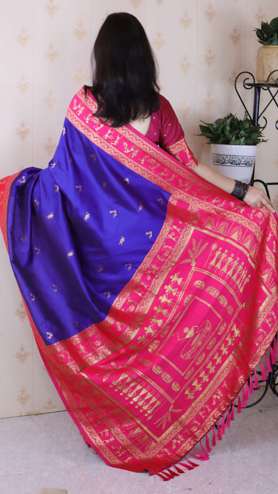 Violet Soft Silk Zari Woven Warli Art Soft Silk Saree Banarasi Saree Anant Tex Exports Pvt.Ltd..