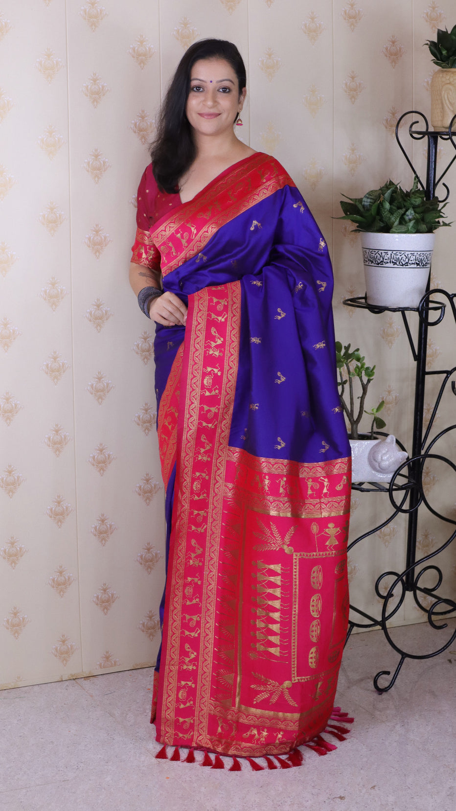Violet Soft Silk Zari Woven Warli Art Soft Silk Saree Banarasi Saree Anant Tex Exports Pvt.Ltd..