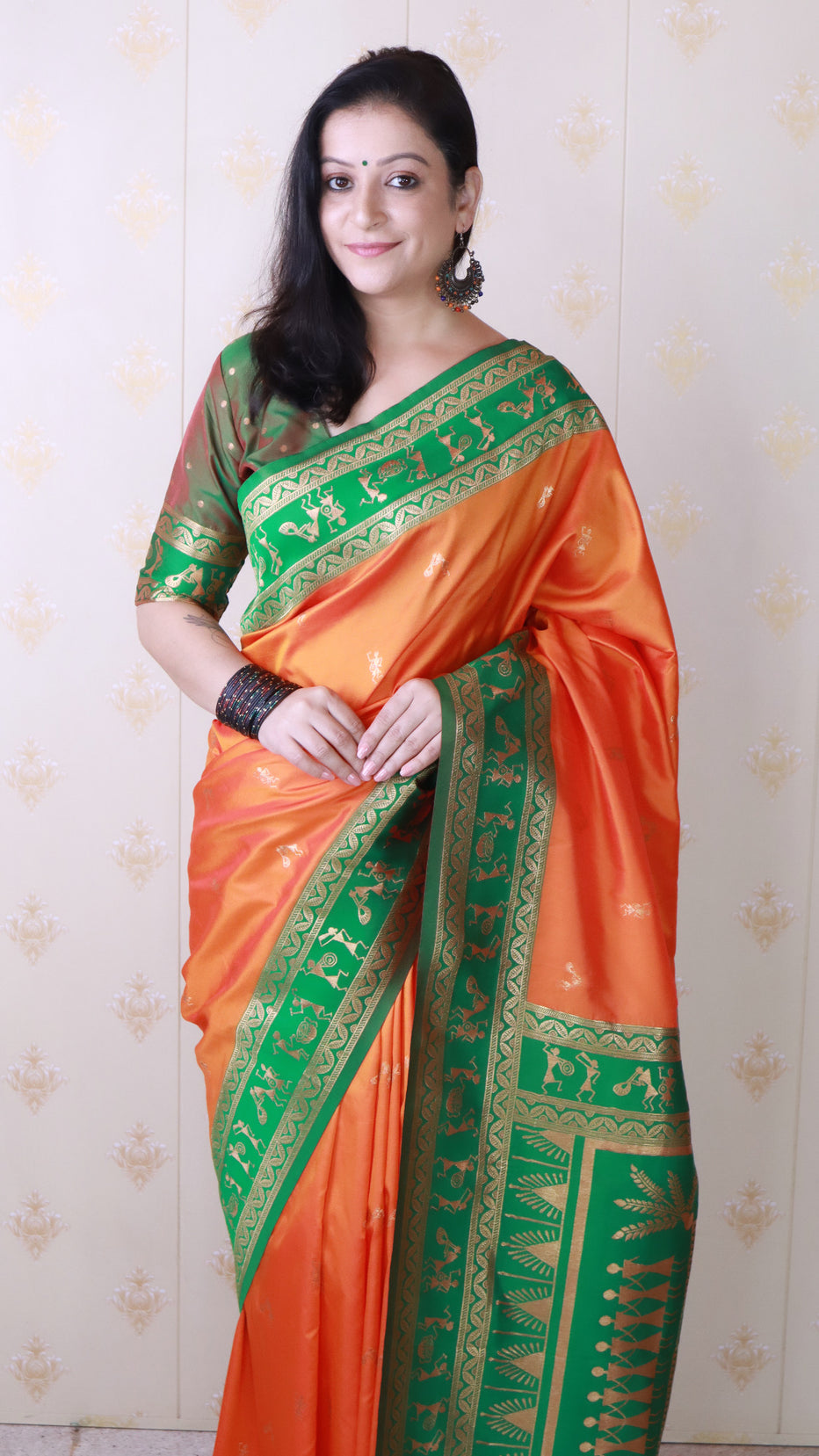 Orange Soft Silk Zari Woven Warli Art Soft Silk Saree Banarasi Saree Anant Tex Exports Pvt.Ltd..