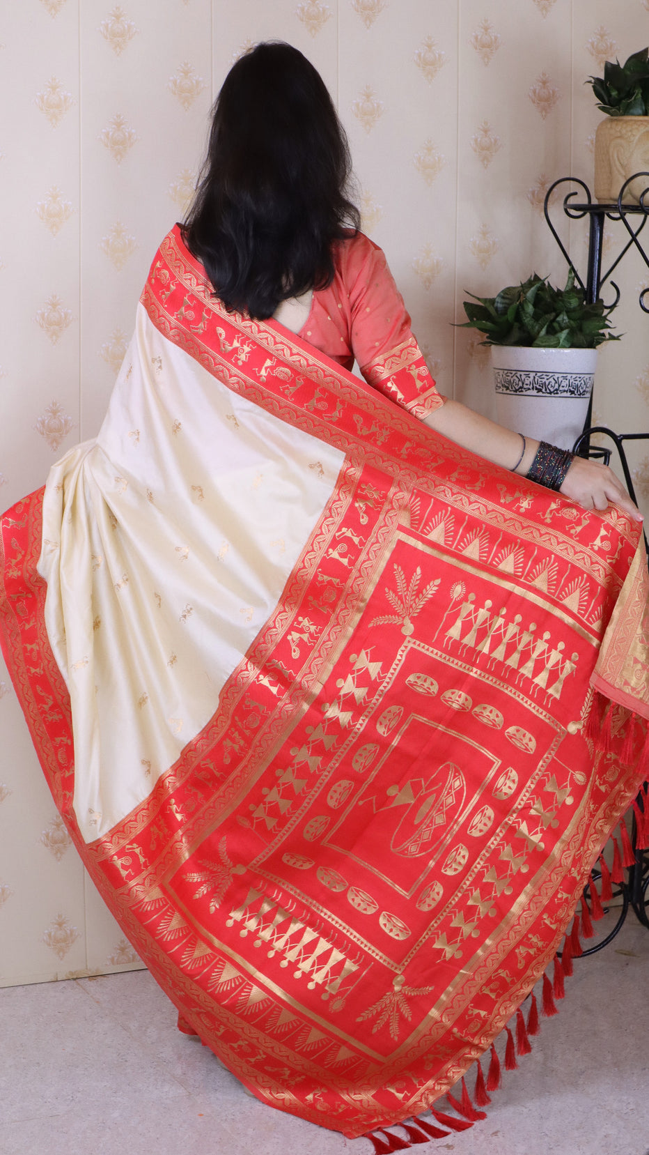 Cream Soft Silk Zari Woven Warli Art Soft Silk Saree Banarasi Saree Anant Tex Exports Pvt.Ltd..