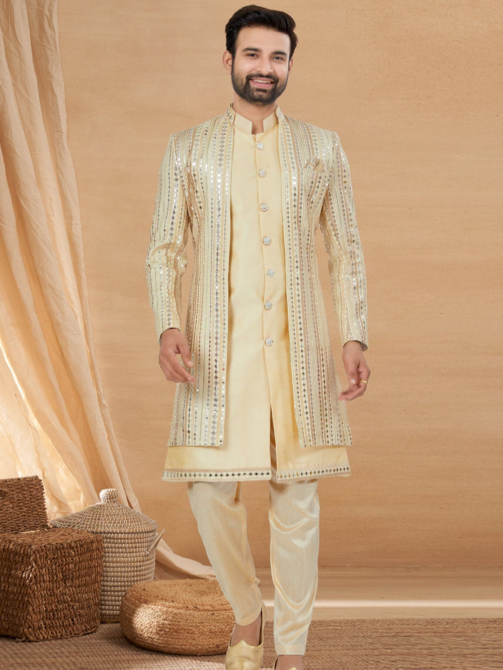 Cream Indo Western Jacket Kurta Set with Mirror & Thread Embellishment