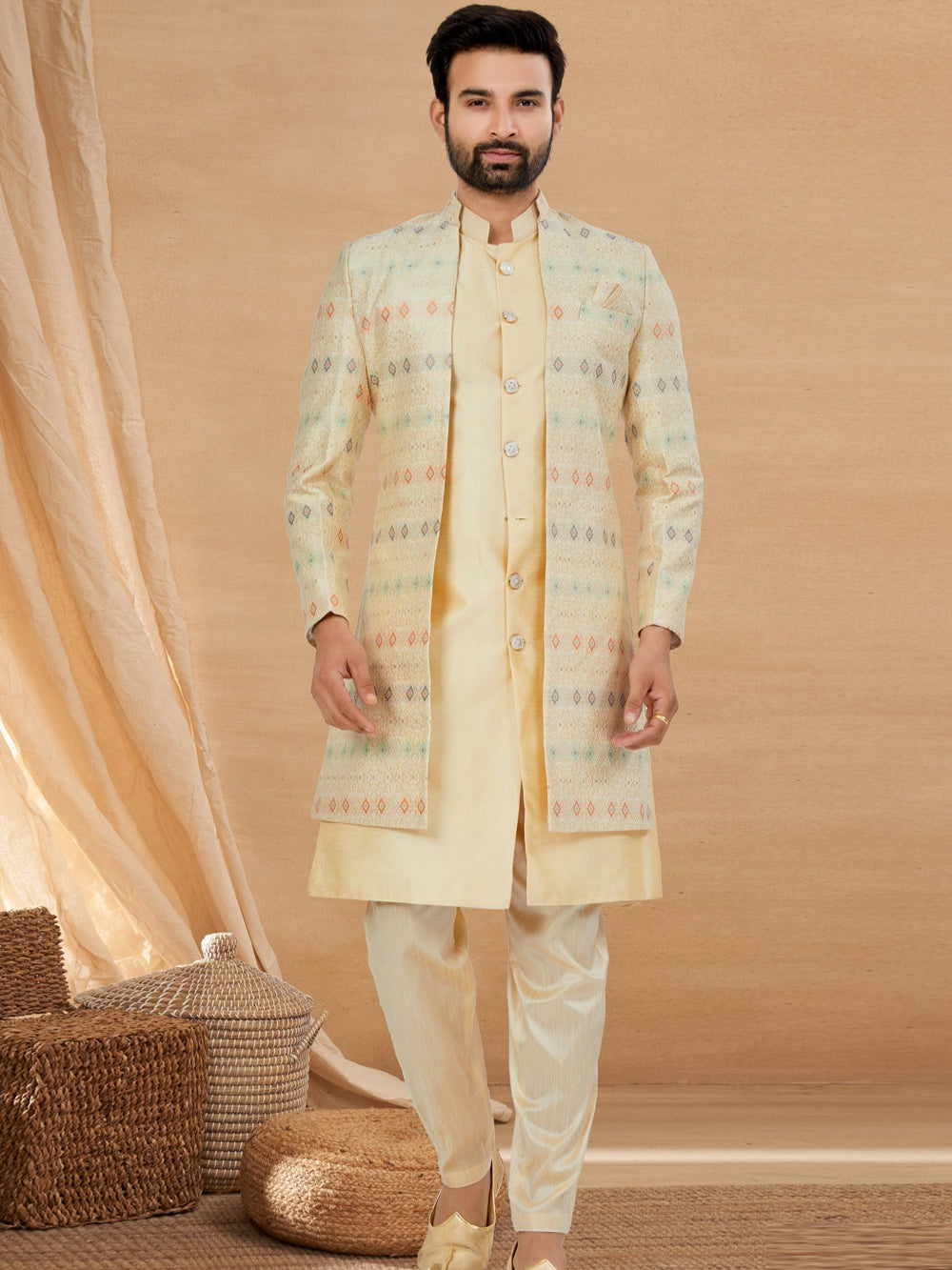 Ivory Indo Western Jacket Kurta Set with Intricate Sequins Work