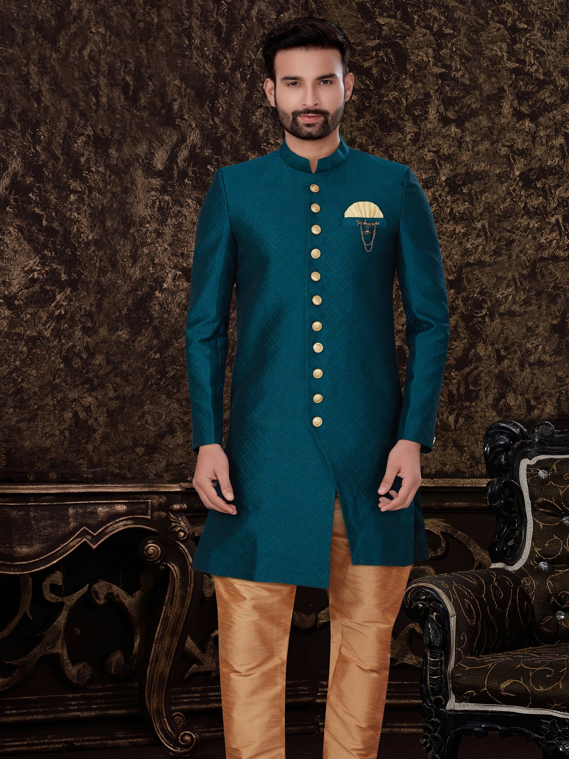 Teal Green Jacquard Silk Indo Western with Self-Embossed Patterns