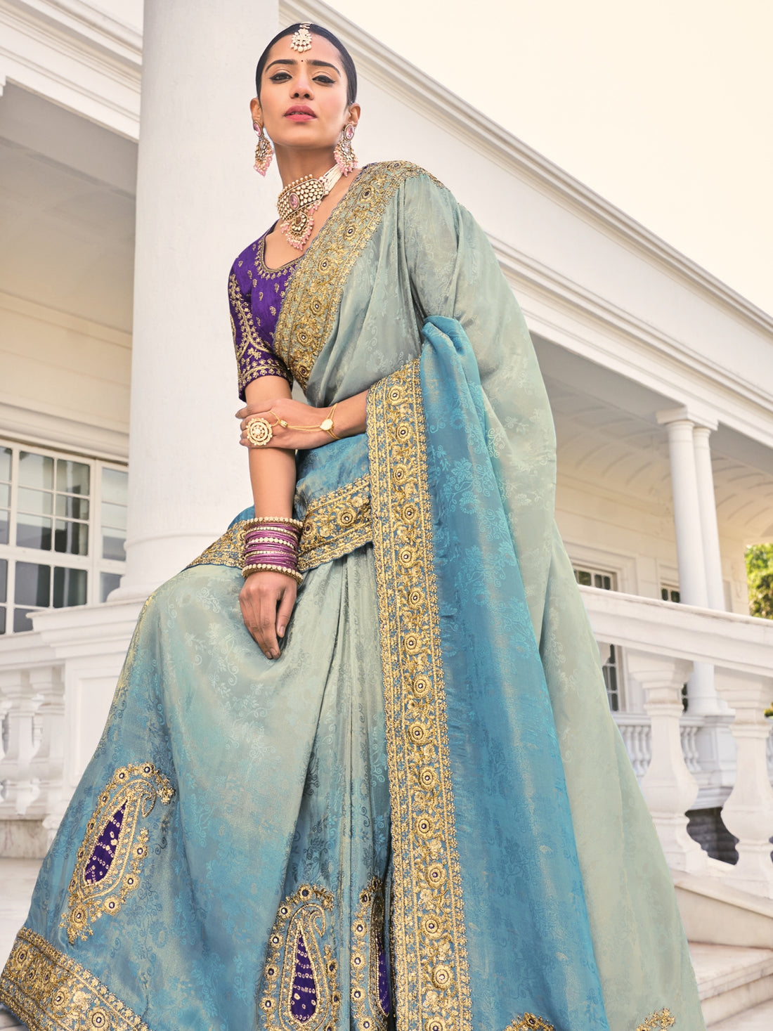 Blue Designer Saree with Heavy Embroidery & Sequin Work