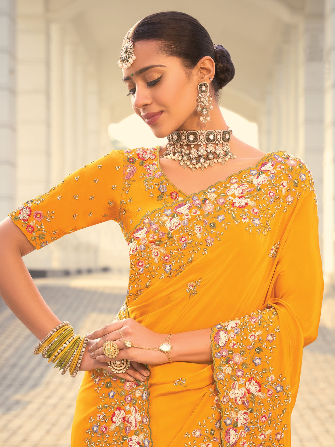 Mustard Yellow Designer Saree with Heavy Embroidery