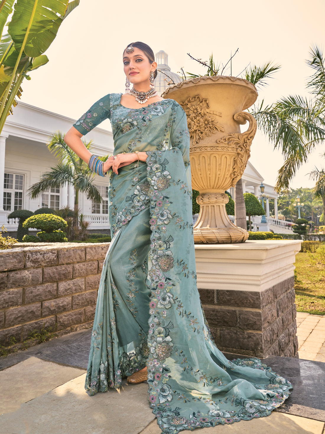 Teal Embroidered Designer Saree with Sequins & Zari Work