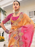 Orange & Rani Pink Natural Crape Jaquard Saree