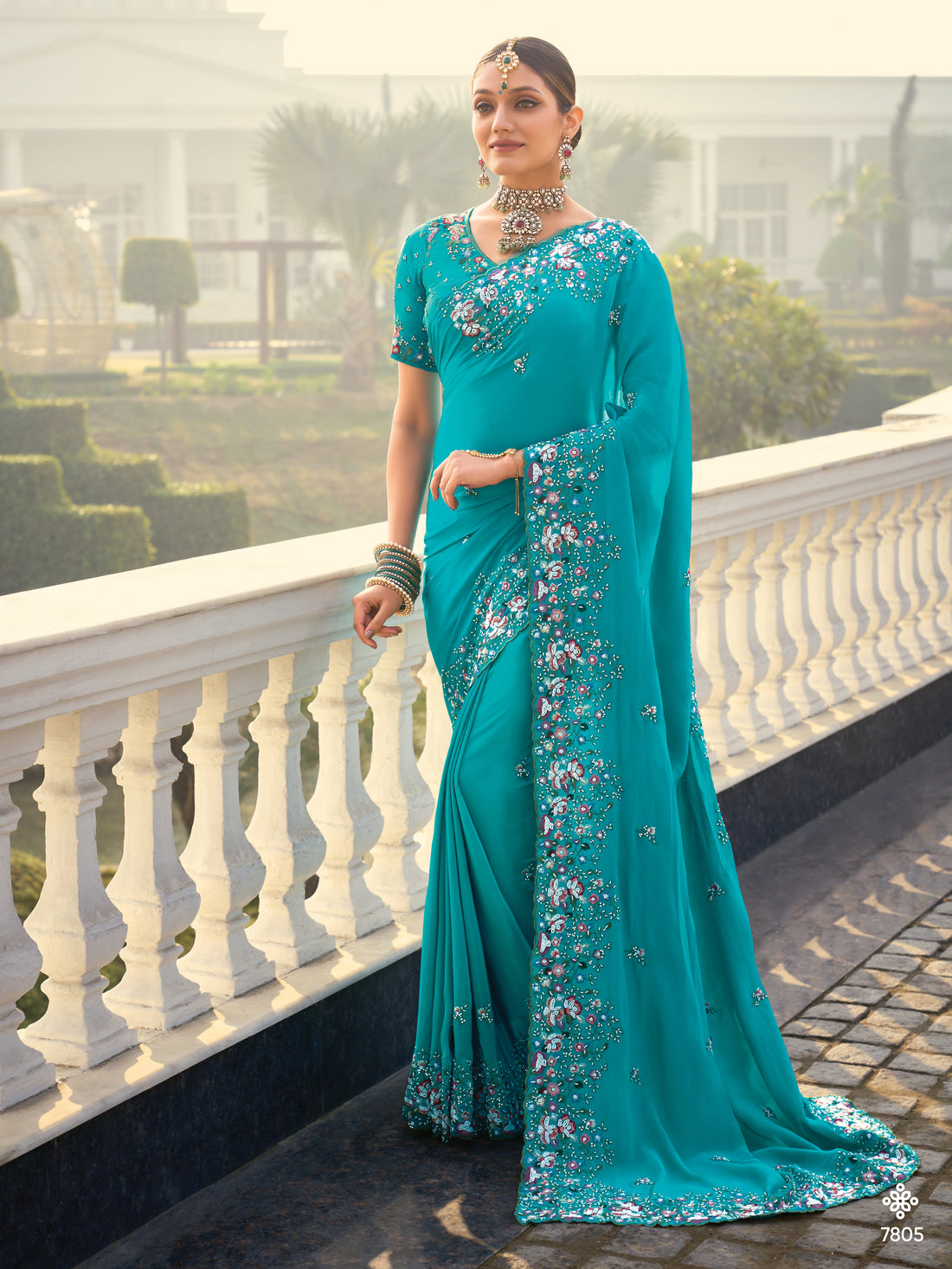 Turquoise Blue Designer Saree with Heavy Embroidery